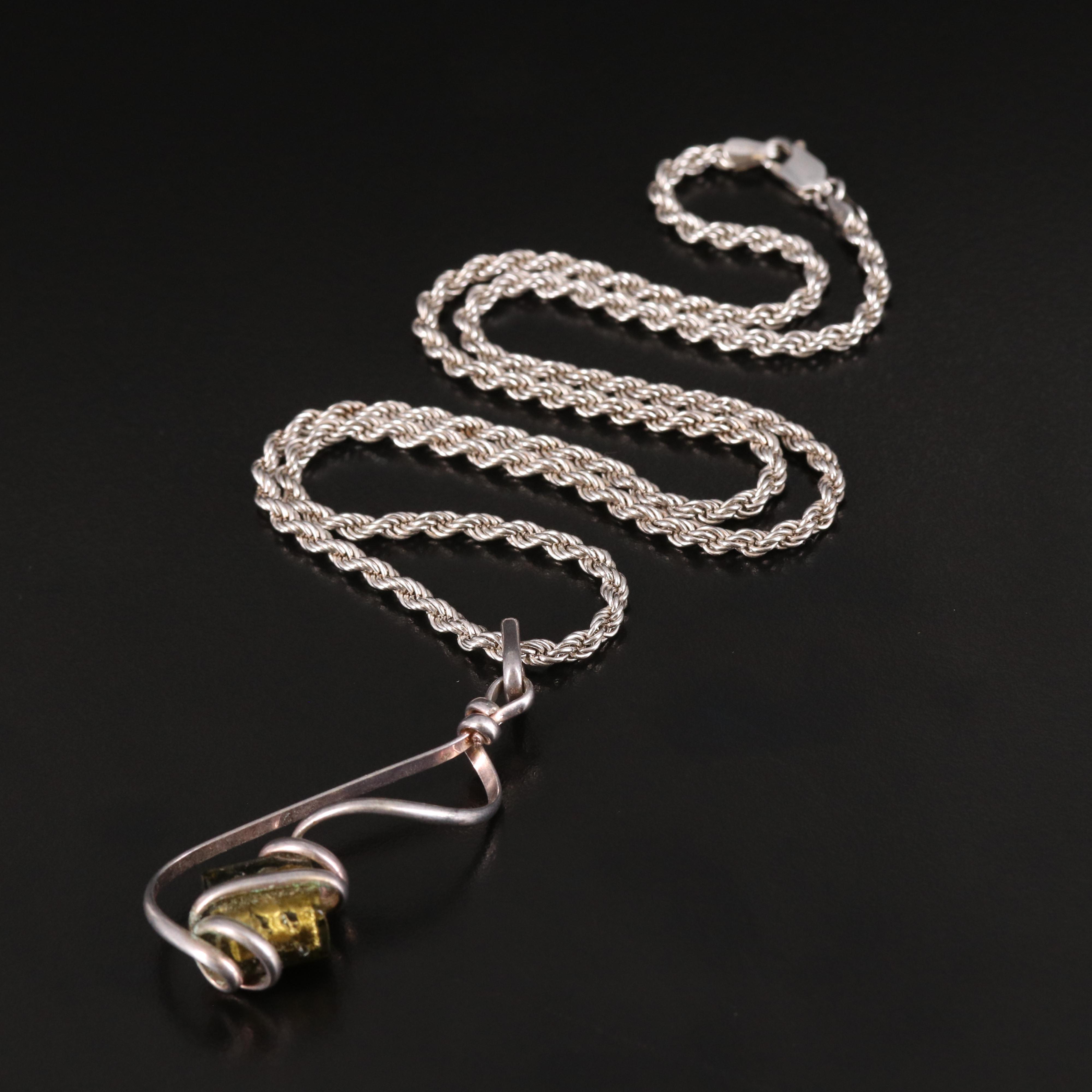 Art Glass Pendant on Italian Sterling Rope Chain Necklace