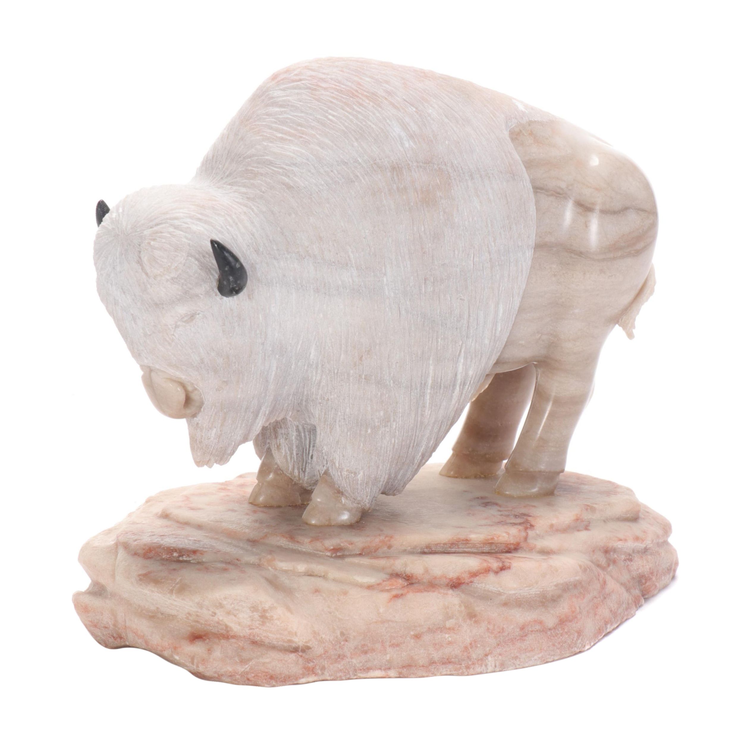 Ken Dewey Carved Marble Sculpture of a White Buffalo, Late 20th Century