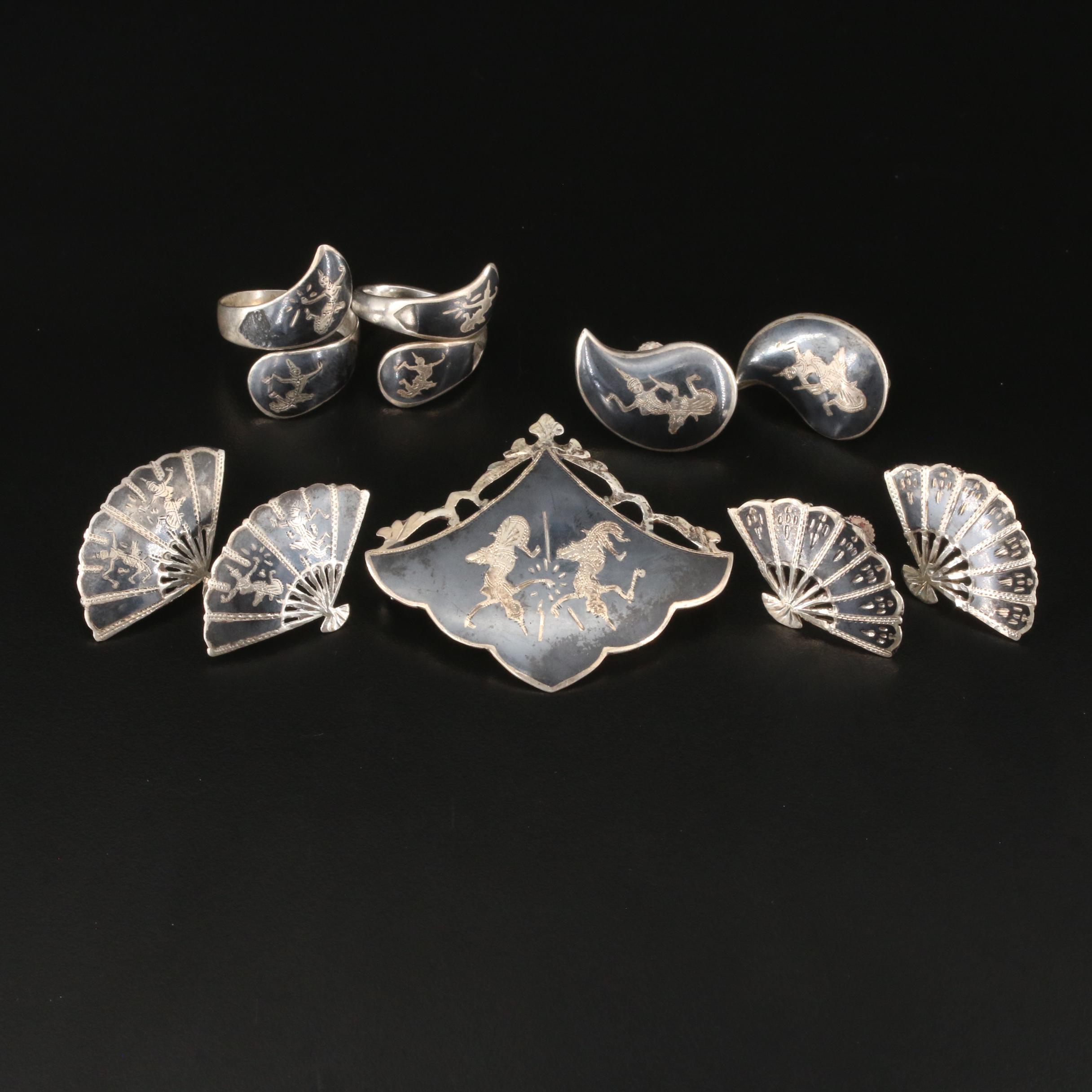 Vintage Sterling Thai Dancer Niello Jewelry