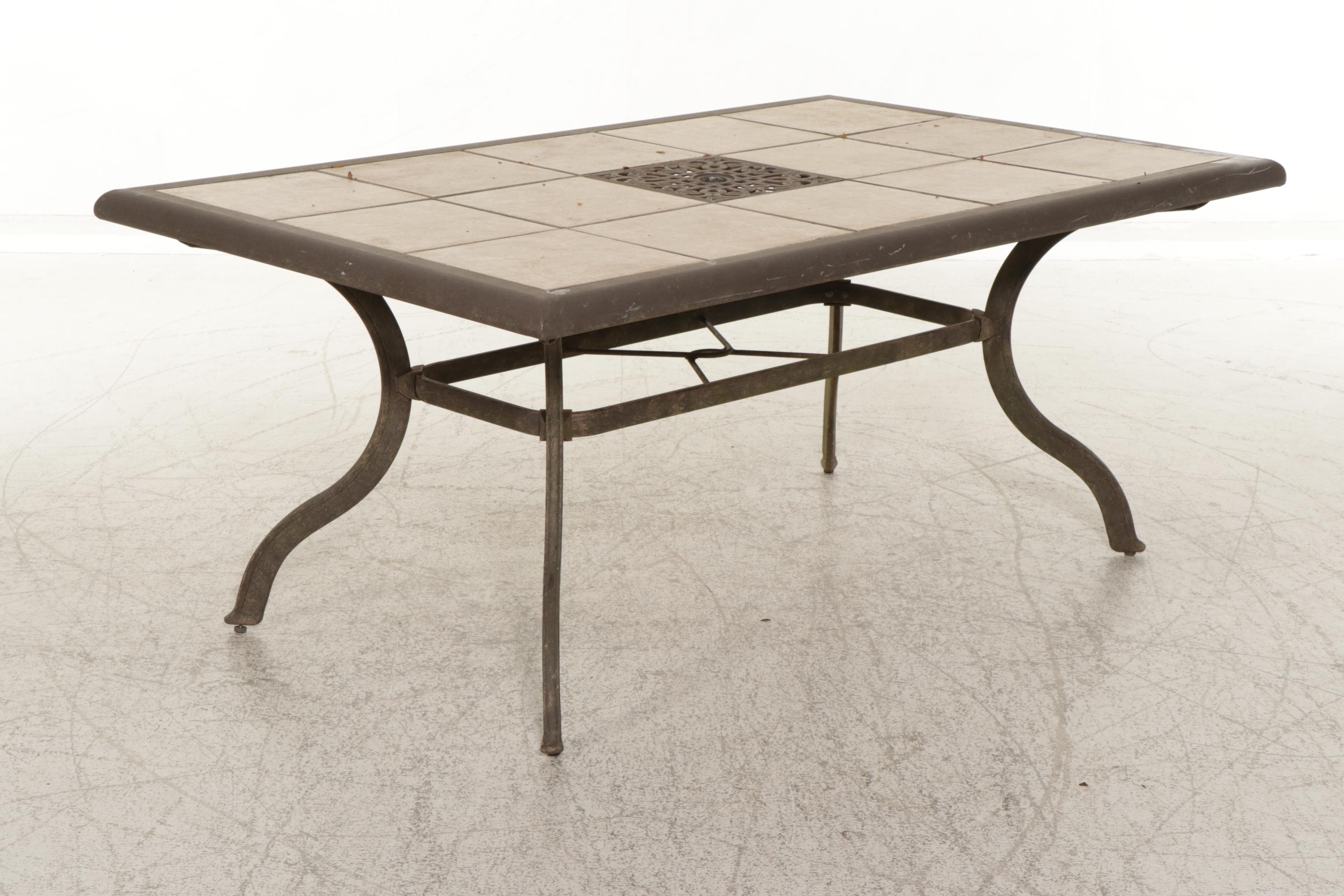 Seven-Piece Iron and Ceramic Tile Top Patio Dining Set with Umbrella Stand