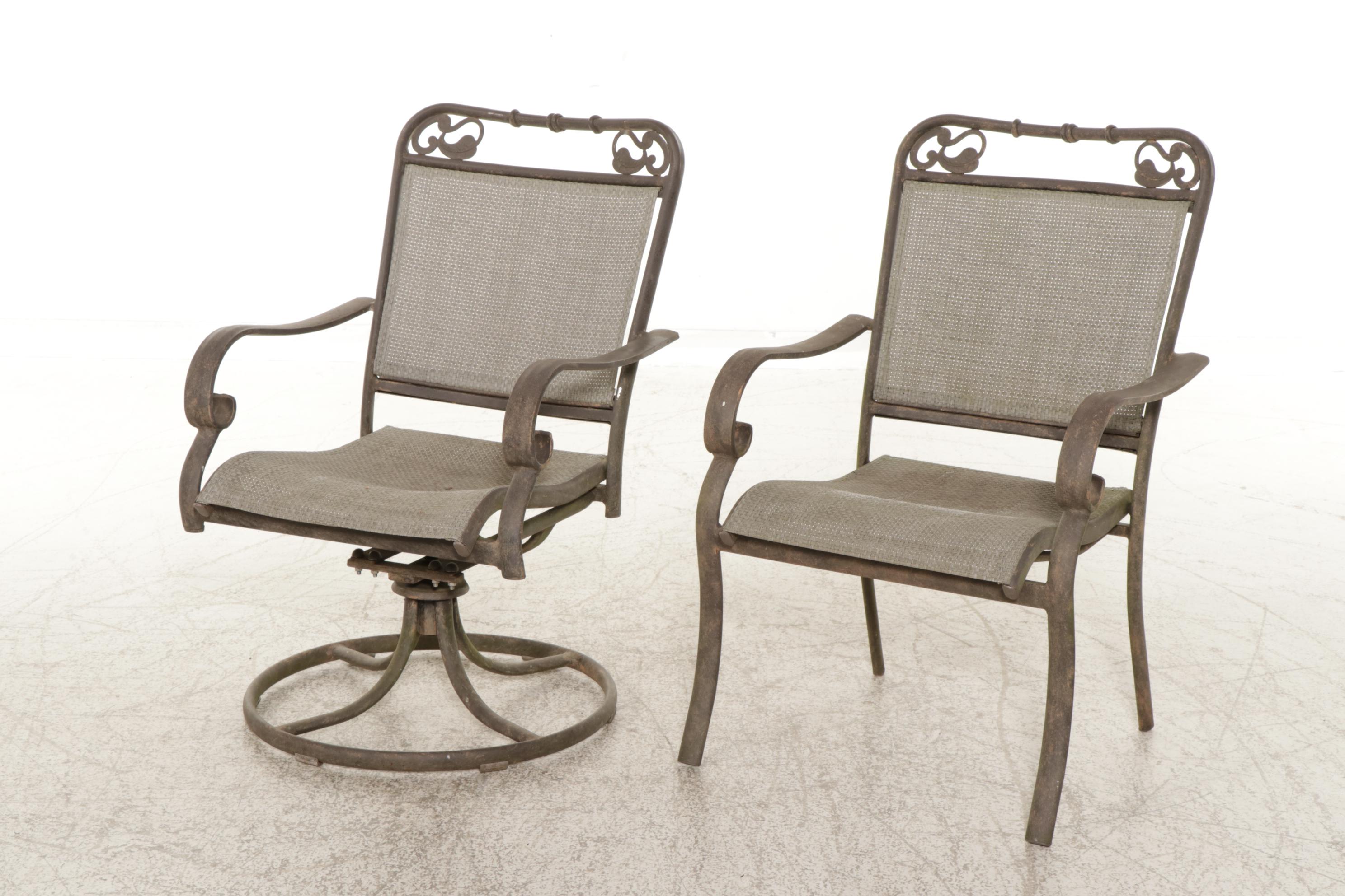 Seven-Piece Iron and Ceramic Tile Top Patio Dining Set with Umbrella Stand