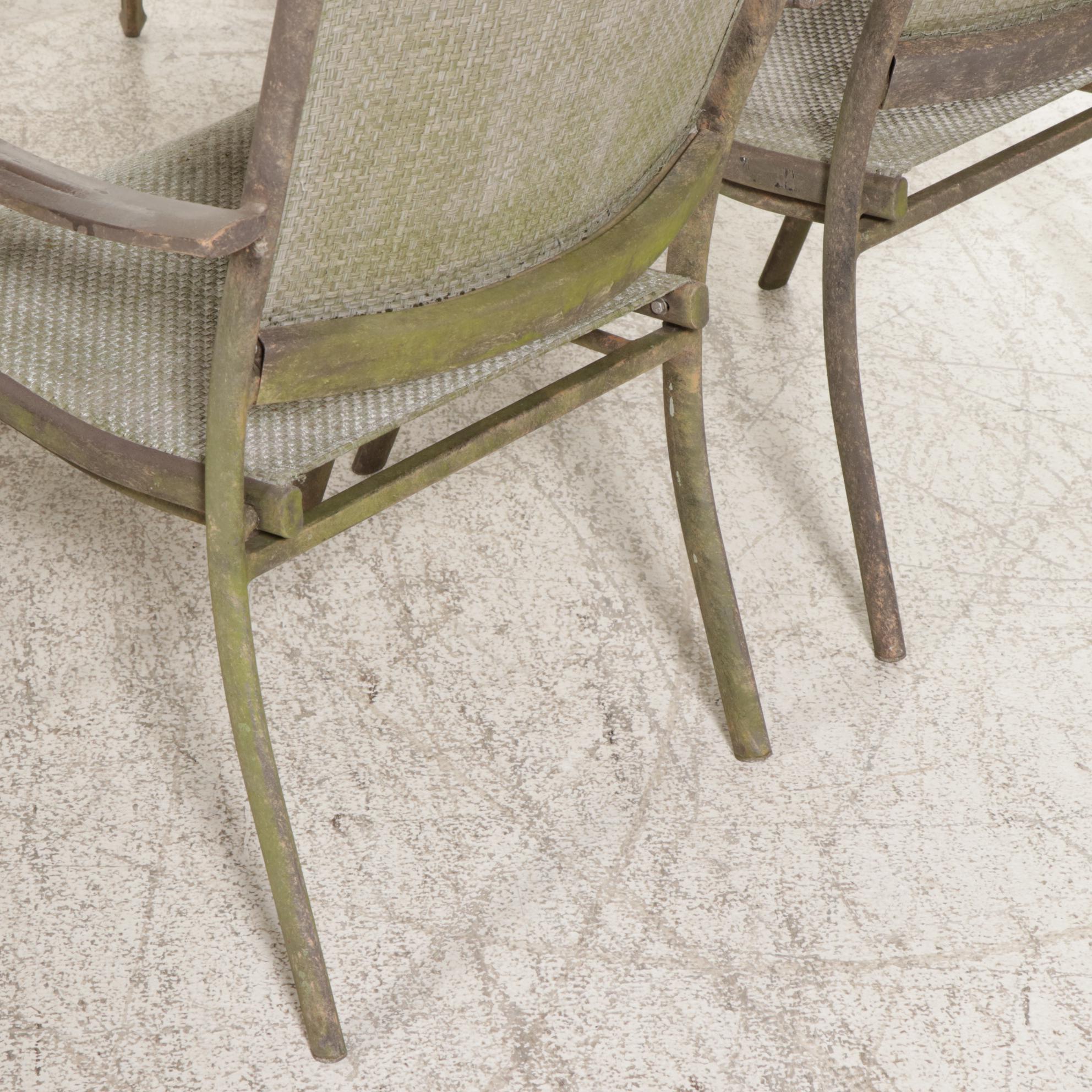 Seven-Piece Iron and Ceramic Tile Top Patio Dining Set with Umbrella Stand