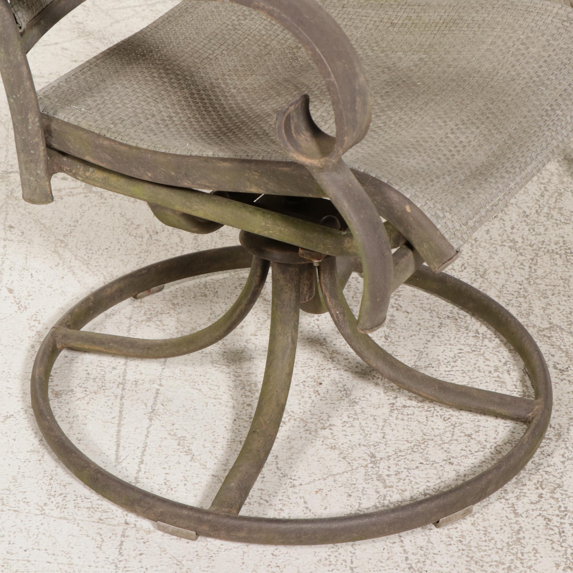 Seven-Piece Iron and Ceramic Tile Top Patio Dining Set with Umbrella Stand