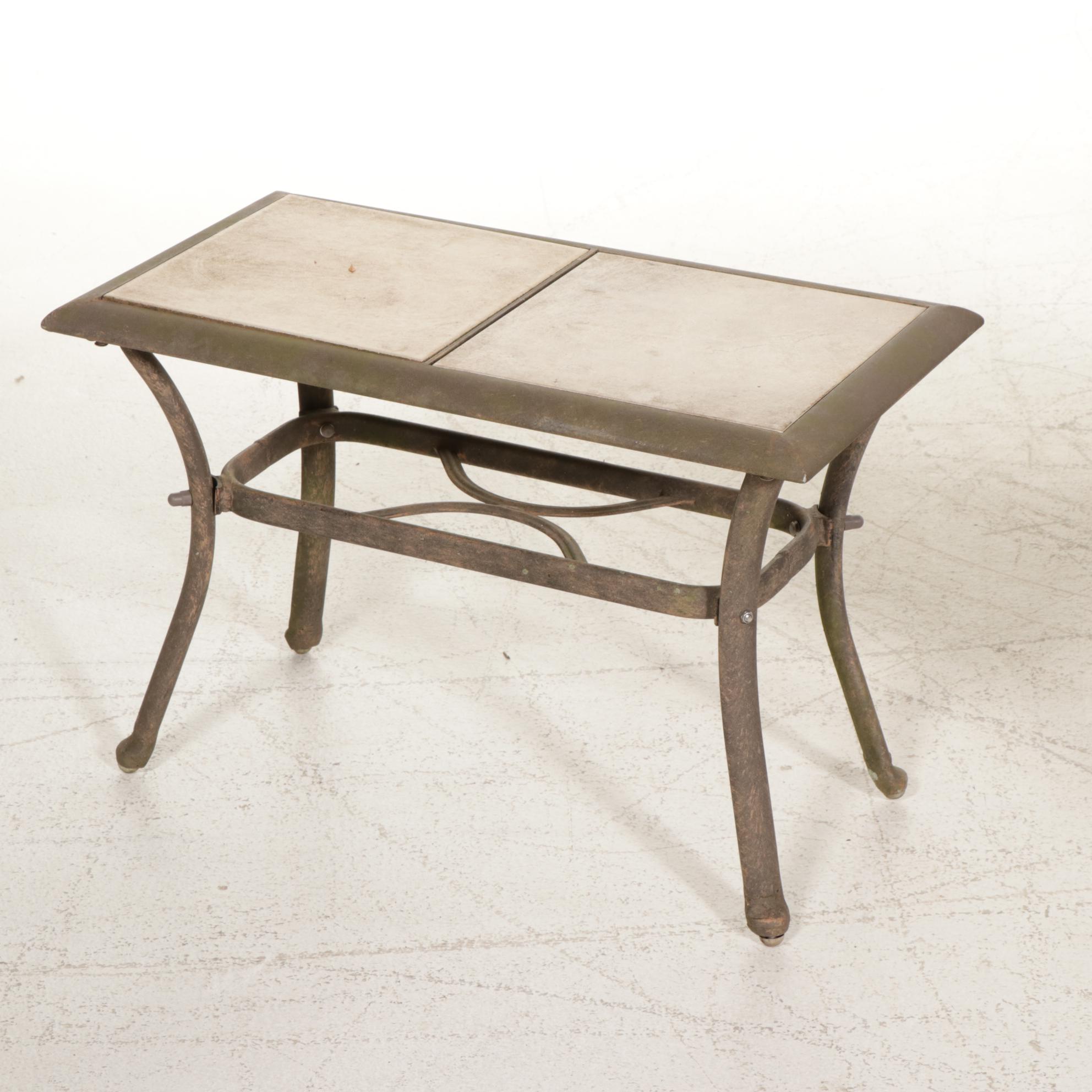 Seven-Piece Iron and Ceramic Tile Top Patio Dining Set with Umbrella Stand