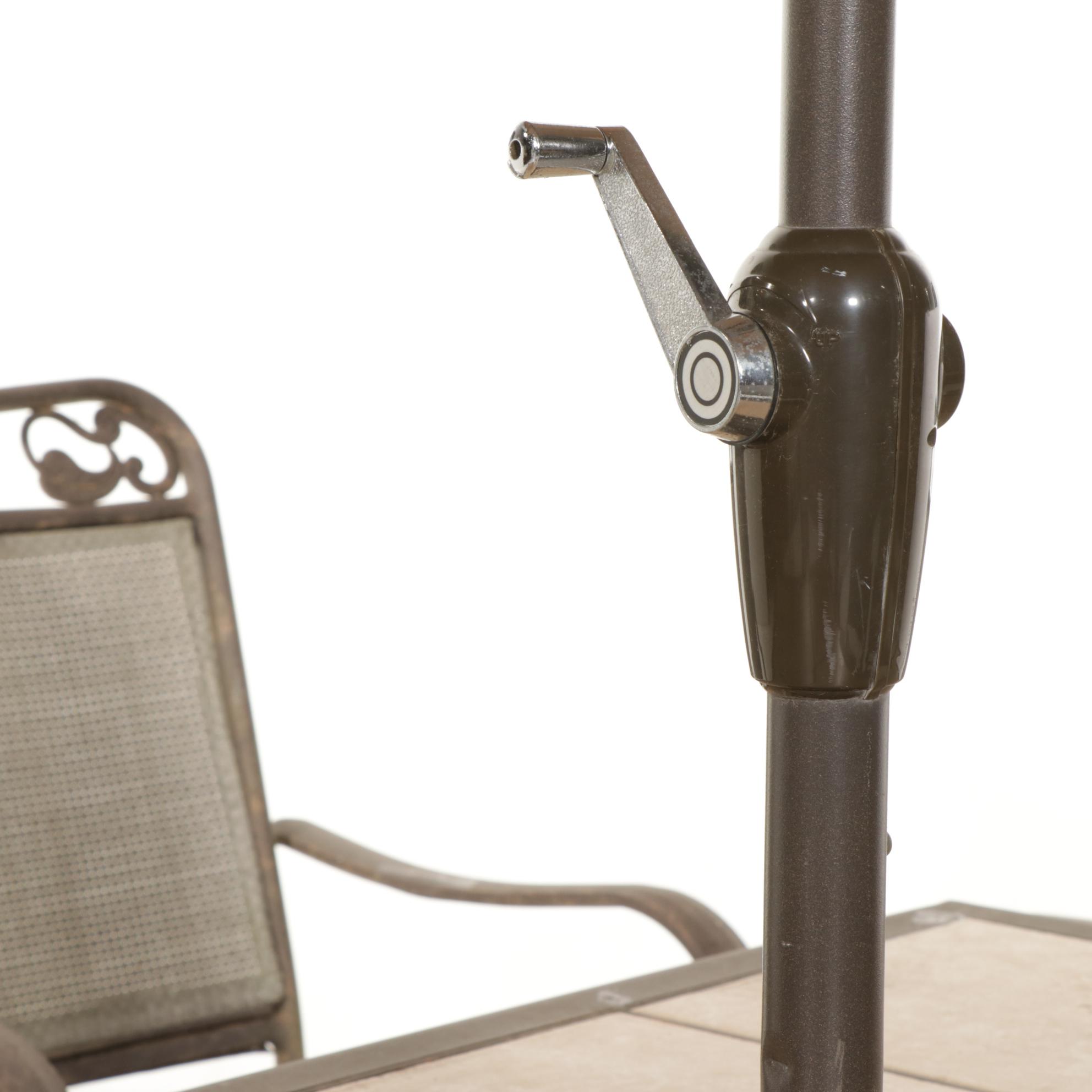 Seven-Piece Iron and Ceramic Tile Top Patio Dining Set with Umbrella Stand