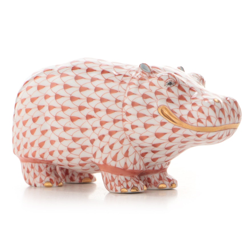 Herend Rust Fishnet with Gold "Hippo" Porcelain Figurine