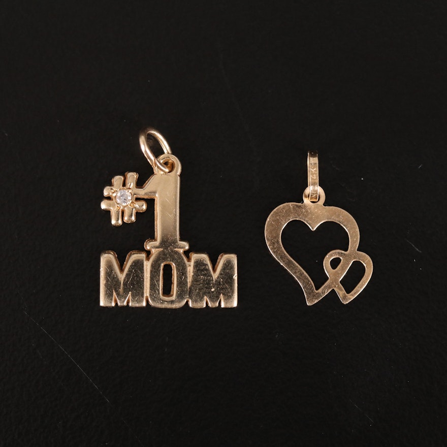 14K "#1 MOM" and Entwined Hearts Pendants with Diamond Accent
