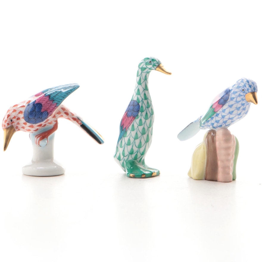 Herend Green Fishnet with Gold "Small Duck" and More Herend Bird Figurines