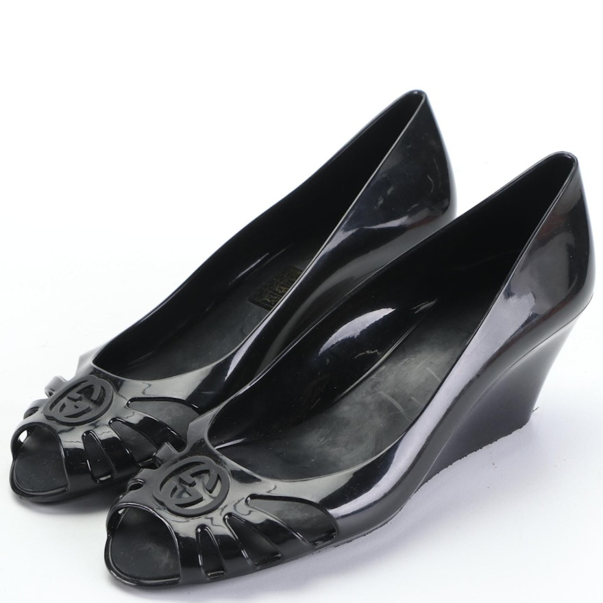 Gucci Marola Peep Toe Wedges in Black Glossy Rubber