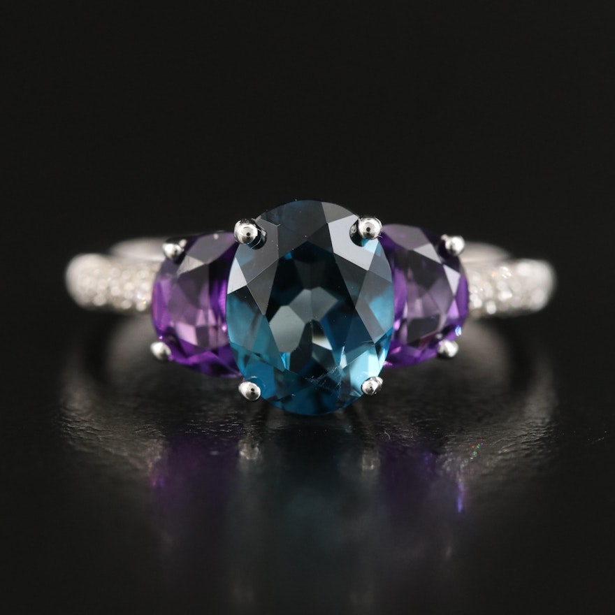 Sterling Topaz, Amethyst and Diamond Ring