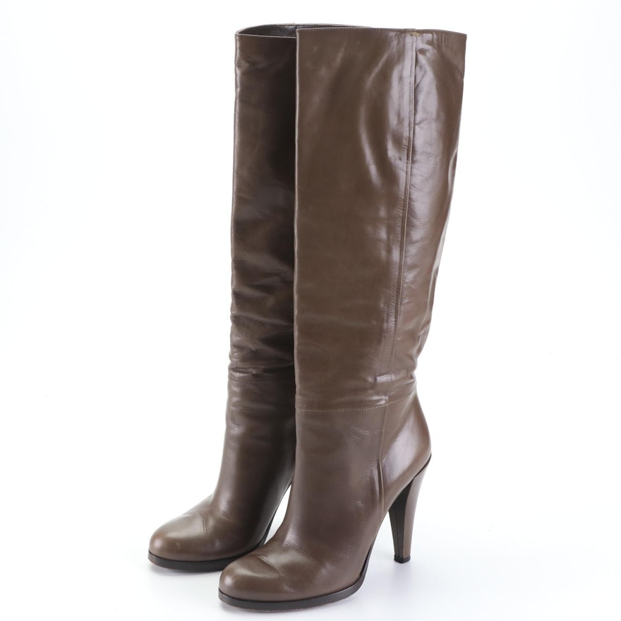 Gucci Knee High Heeled Boots in Brown Leather