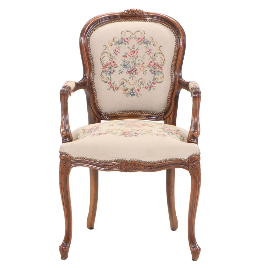 Chateau D'Ax, Louis XV Style Beech Armchair with Floral Tapestry