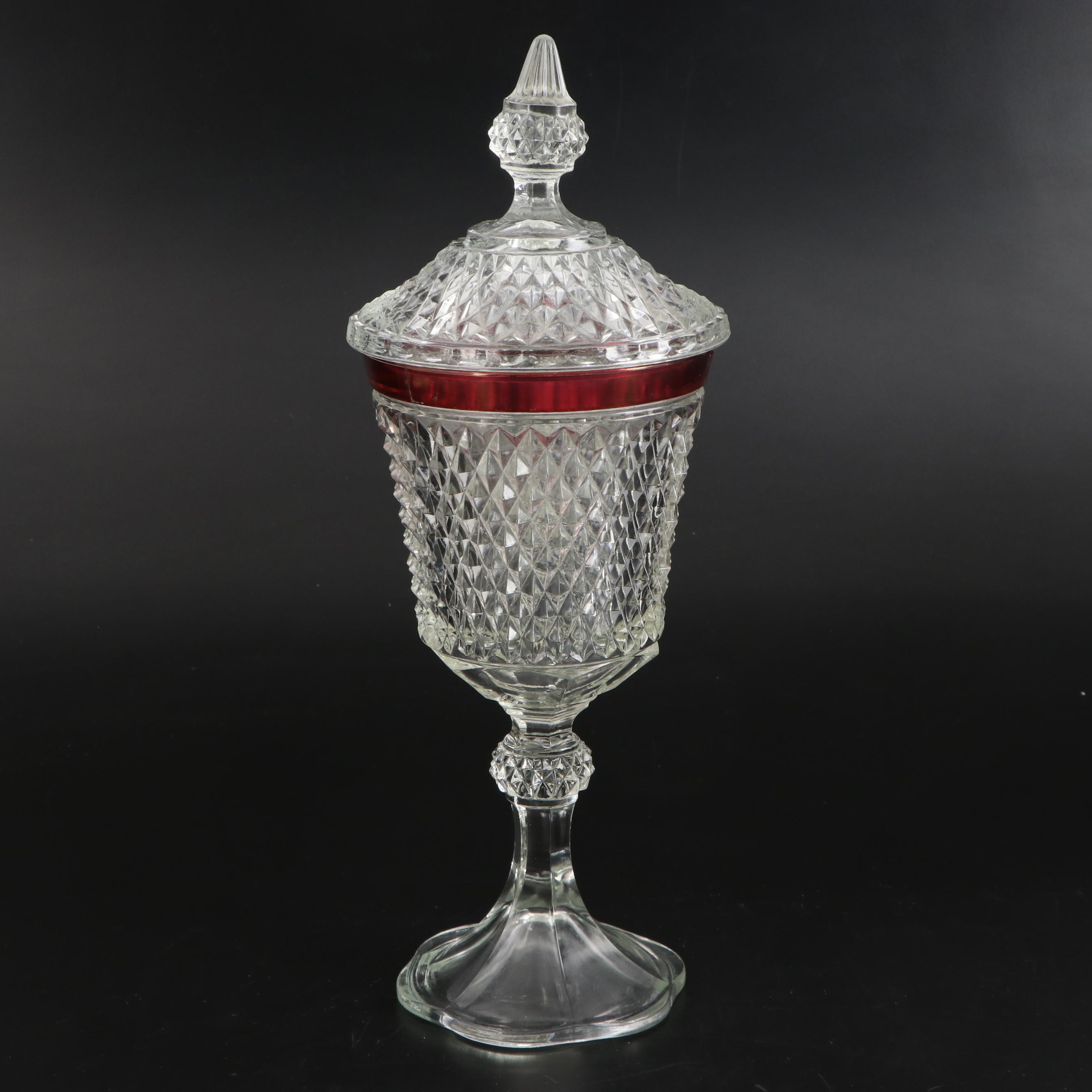 Indiana Glass "Diamond Point" Ruby Flashed Glass Compote, Serving Bowls, and Urn