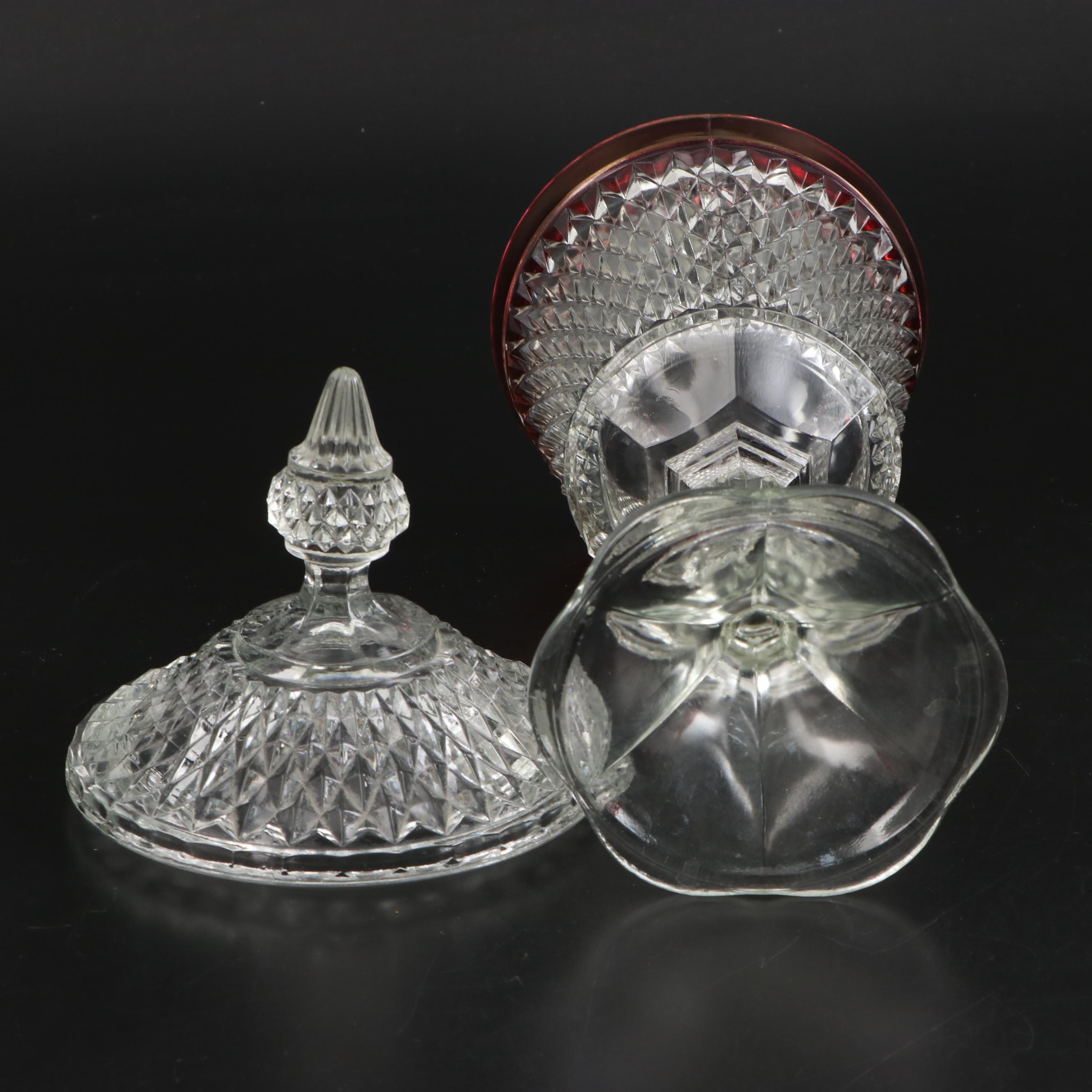 Indiana Glass "Diamond Point" Ruby Flashed Glass Compote, Serving Bowls, and Urn