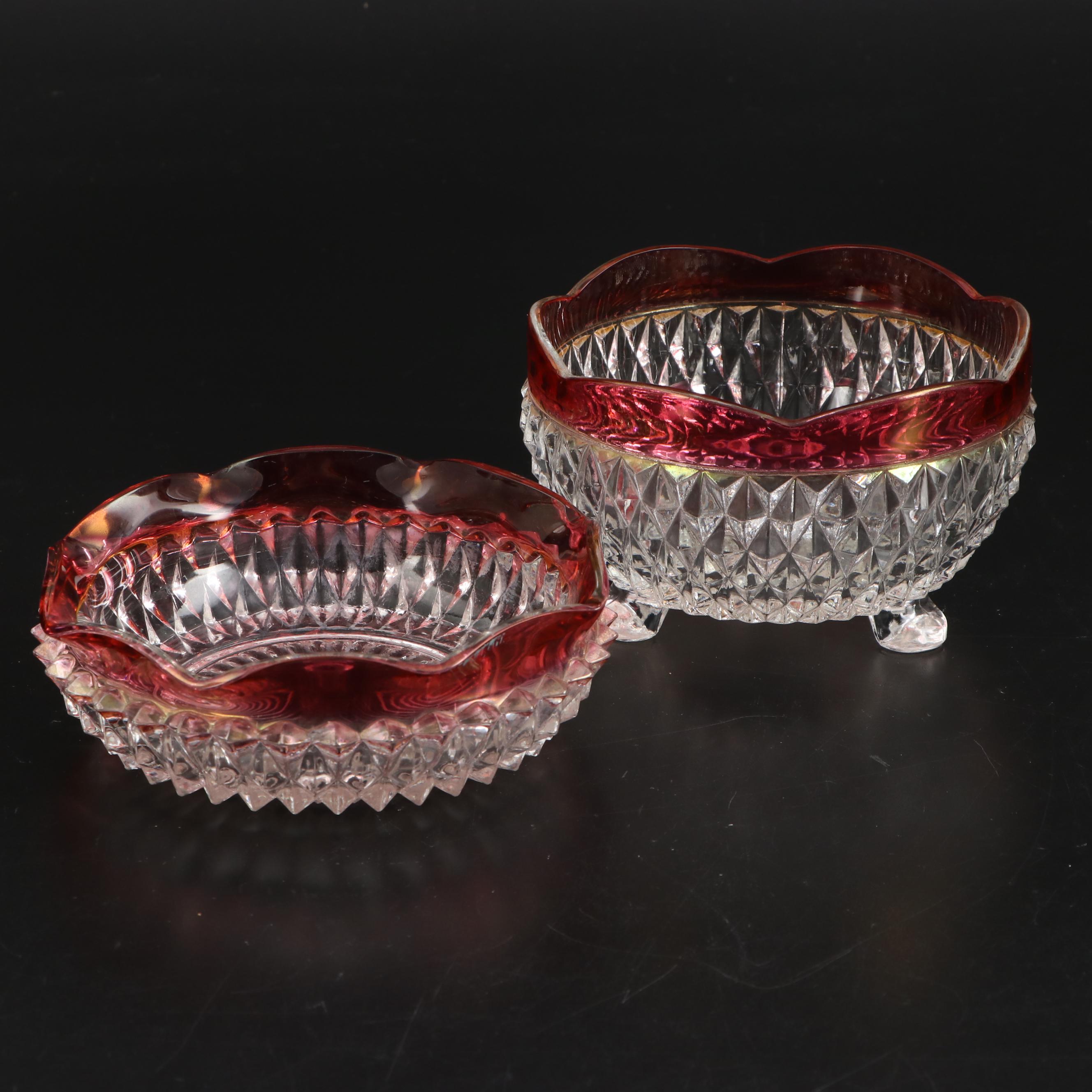 Indiana Glass "Diamond Point" Ruby Flashed Glass Compote, Serving Bowls, and Urn