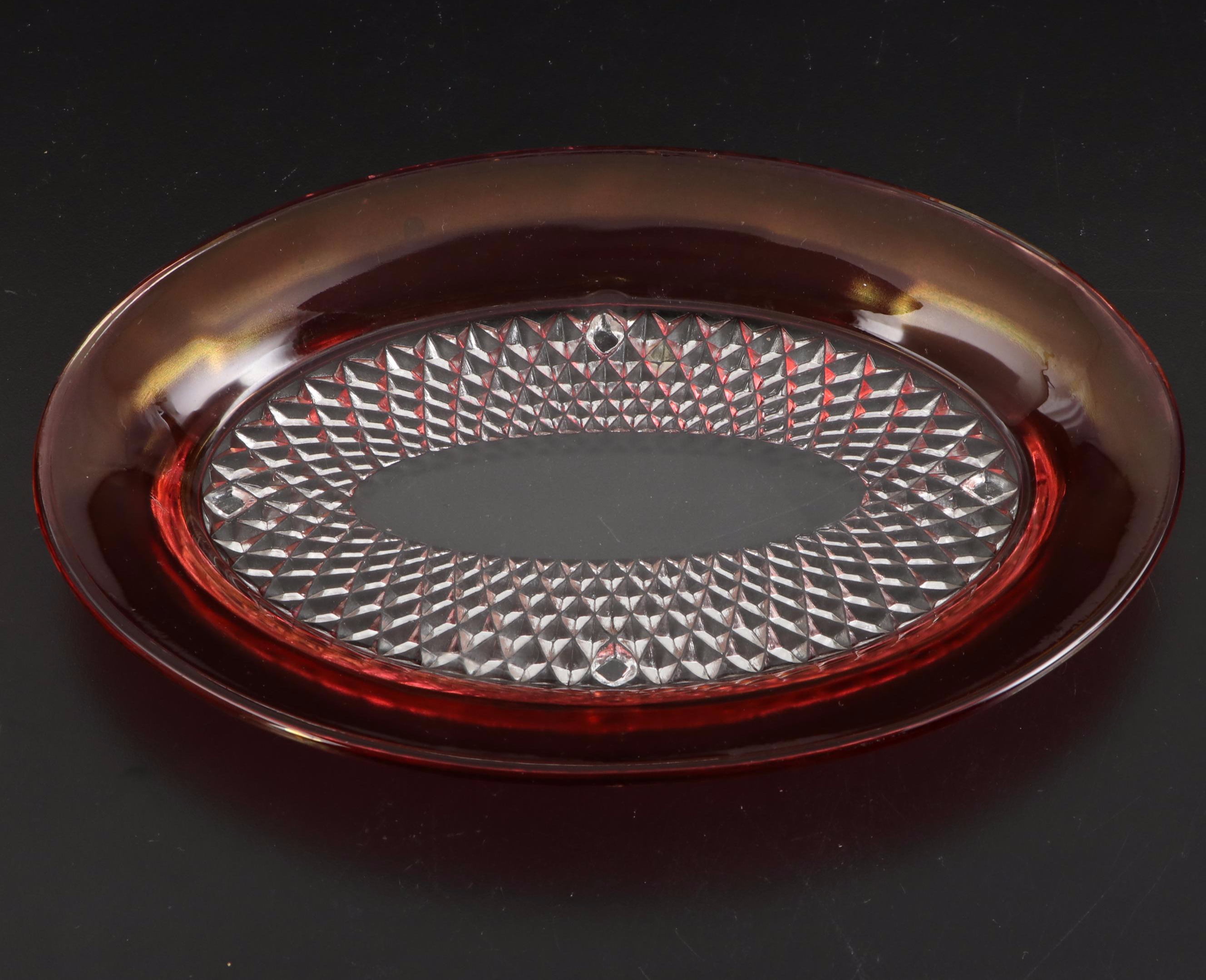 Indiana Glass "Diamond Point" Ruby Flashed Glass Compote, Serving Bowls, and Urn