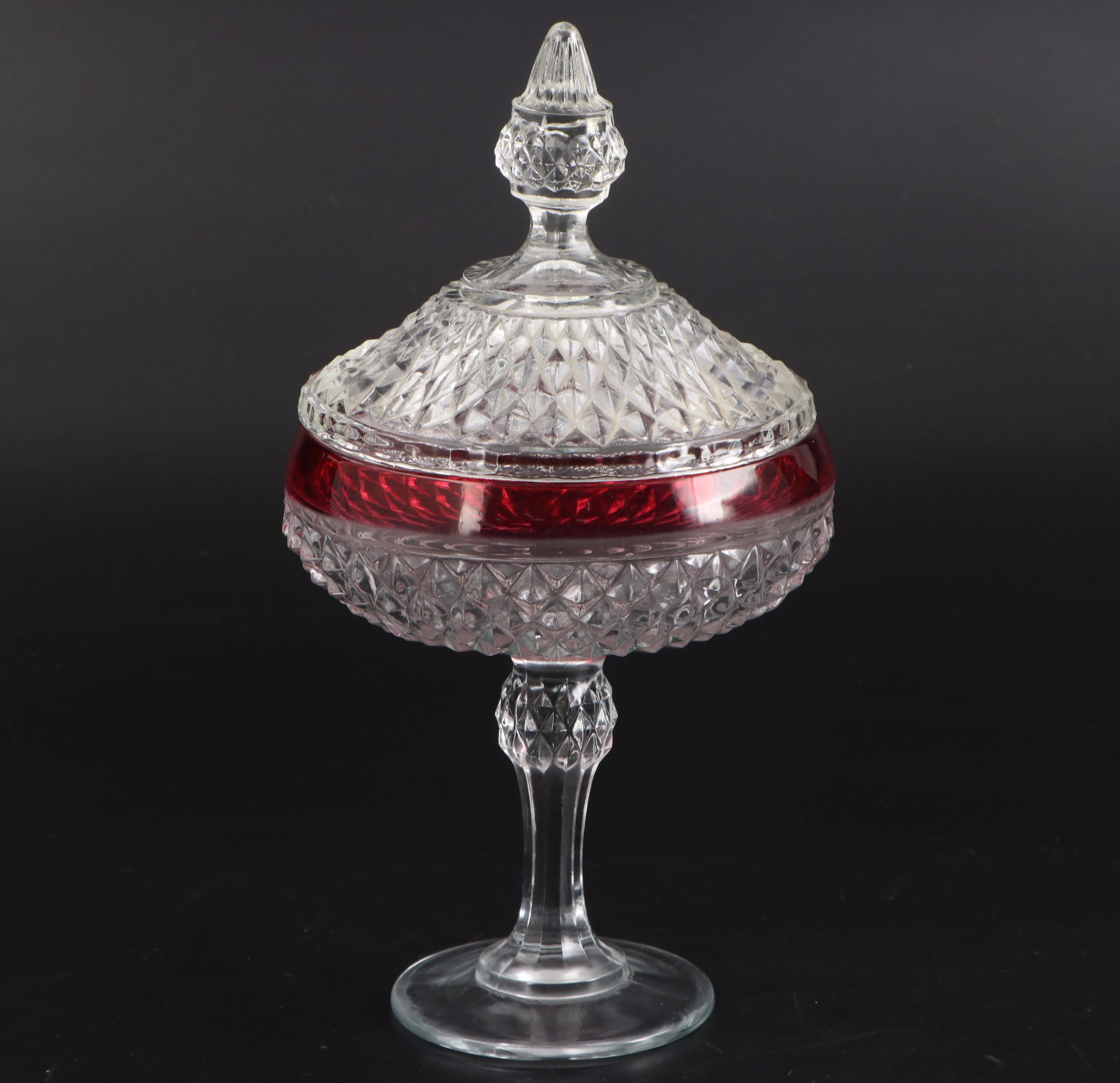 Indiana Glass "Diamond Point" Ruby Flashed Glass Compote, Serving Bowls, and Urn