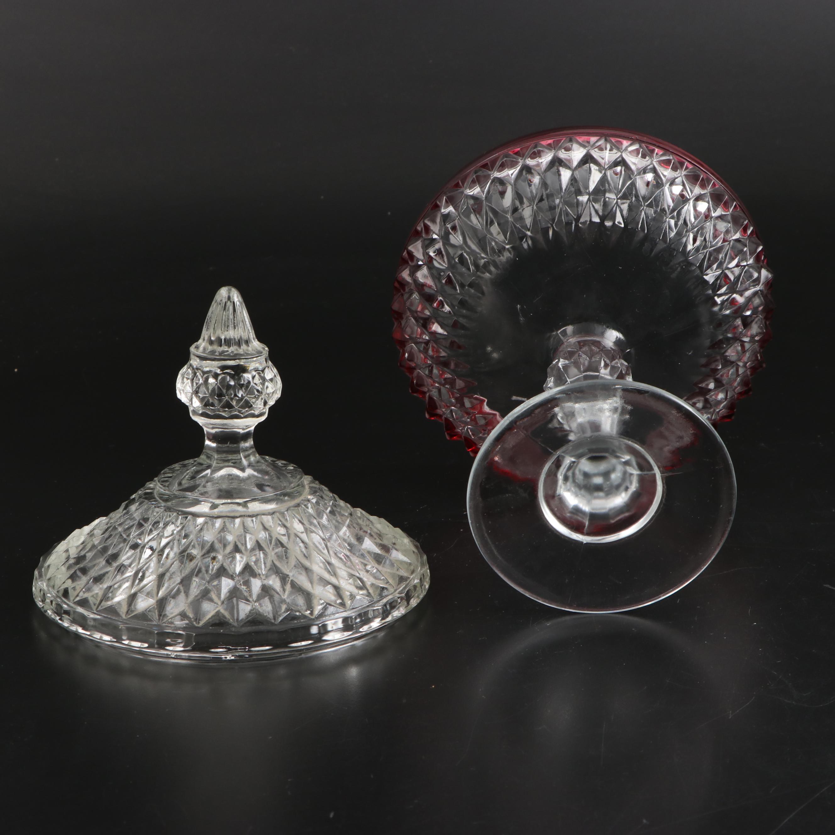 Indiana Glass "Diamond Point" Ruby Flashed Glass Compote, Serving Bowls, and Urn
