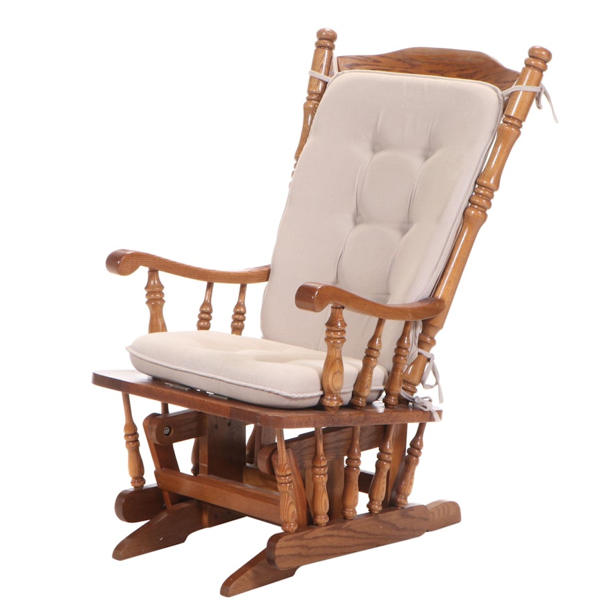 Oak Platform Rocking Chair with Beige Tufted Back and Seat Cushions