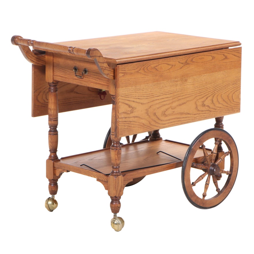 Colonial Style Oak Drop-Leaf Serving Cart with Drawer, Mid to Late 20th Century