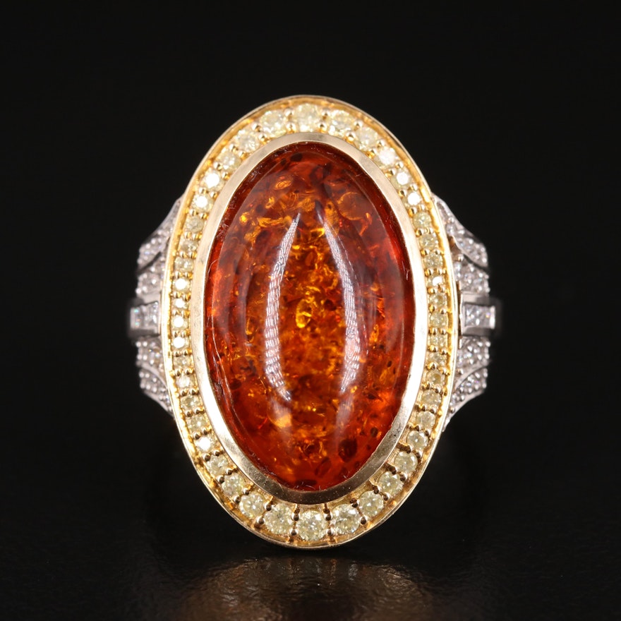 18K Amber Cabochon Ring with Diamond Lined Shoulders and Halo