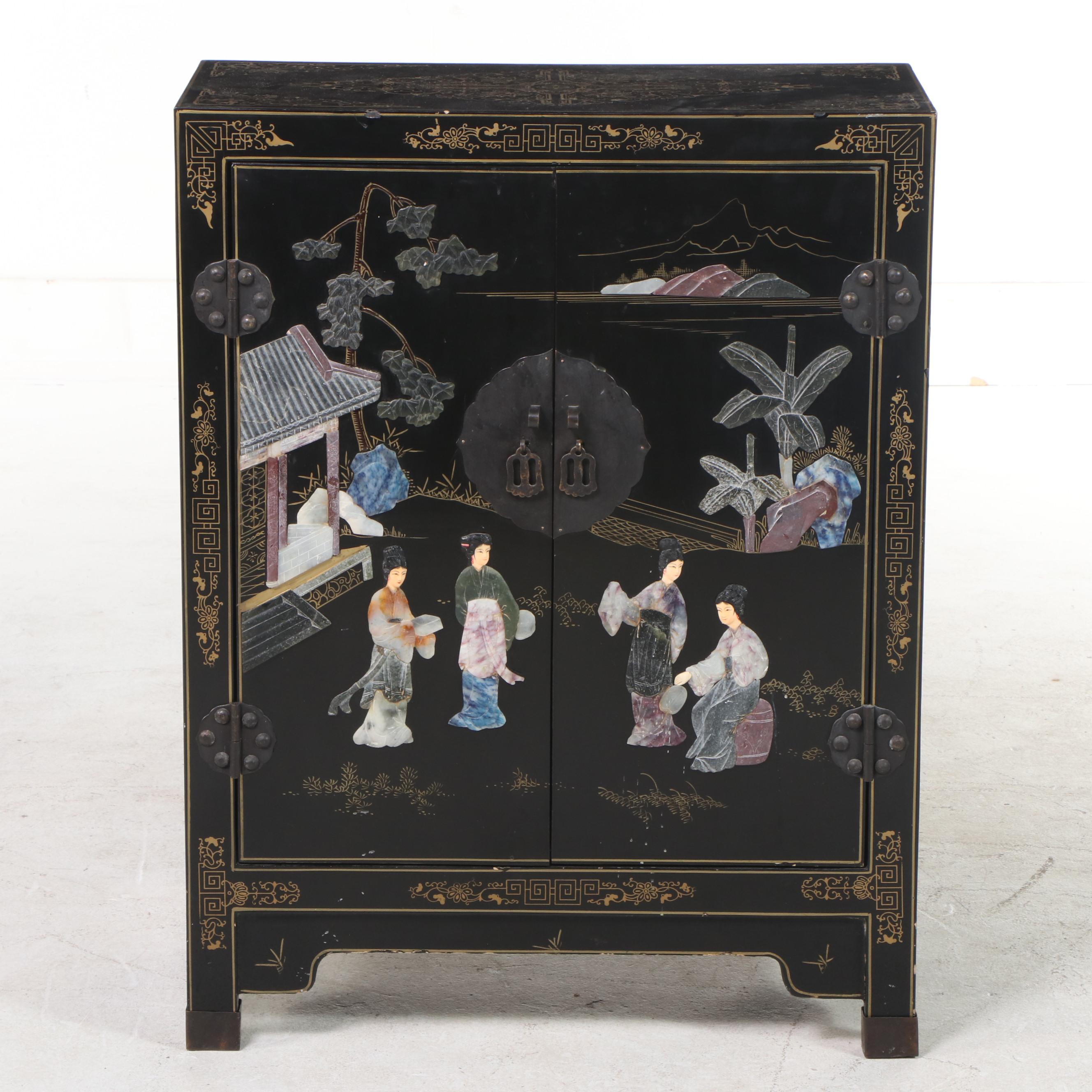 1/2 Jinlong Chinese Black-Lacquered, Parcel-Gilt, and Stone-Mounted Side Cabinet