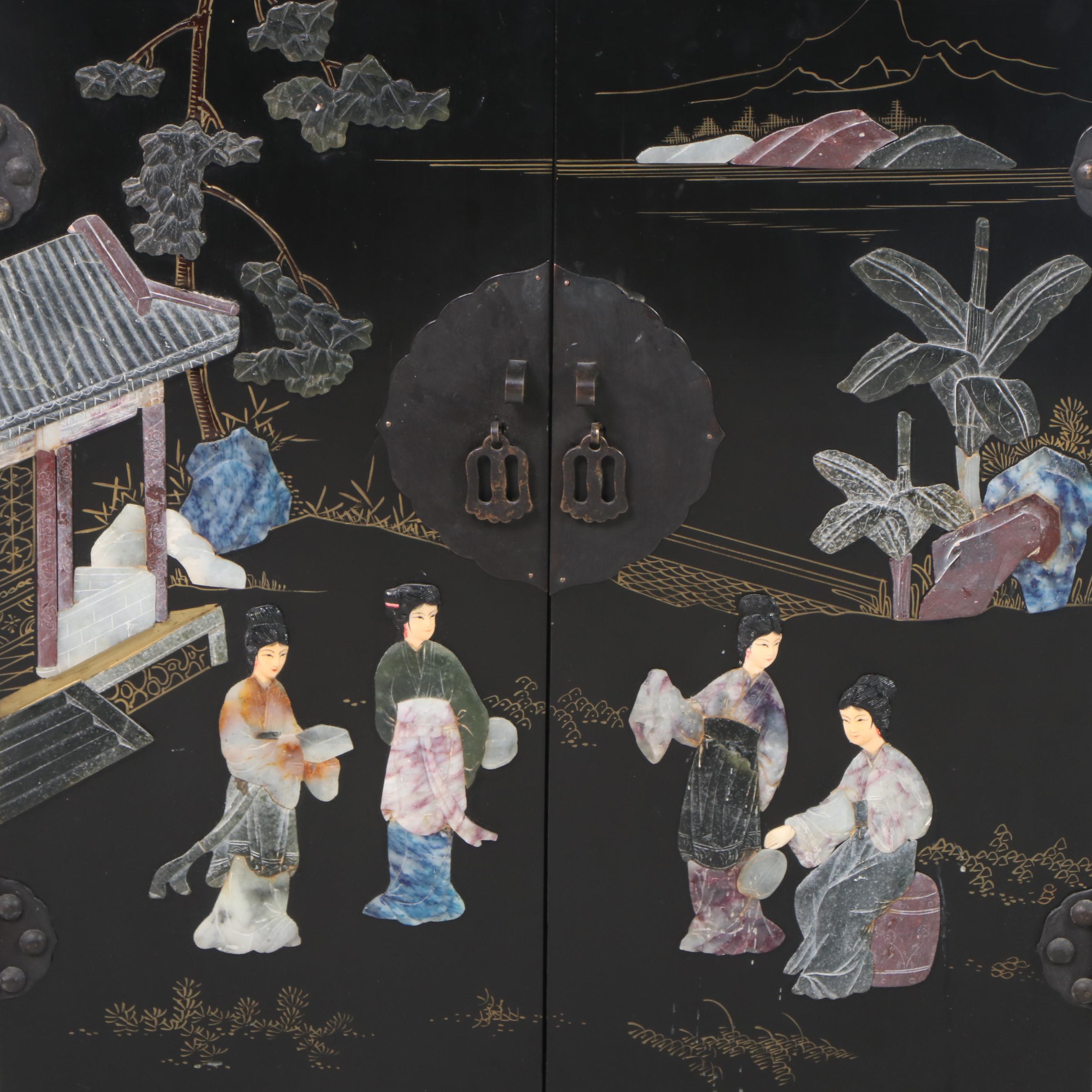 1/2 Jinlong Chinese Black-Lacquered, Parcel-Gilt, and Stone-Mounted Side Cabinet