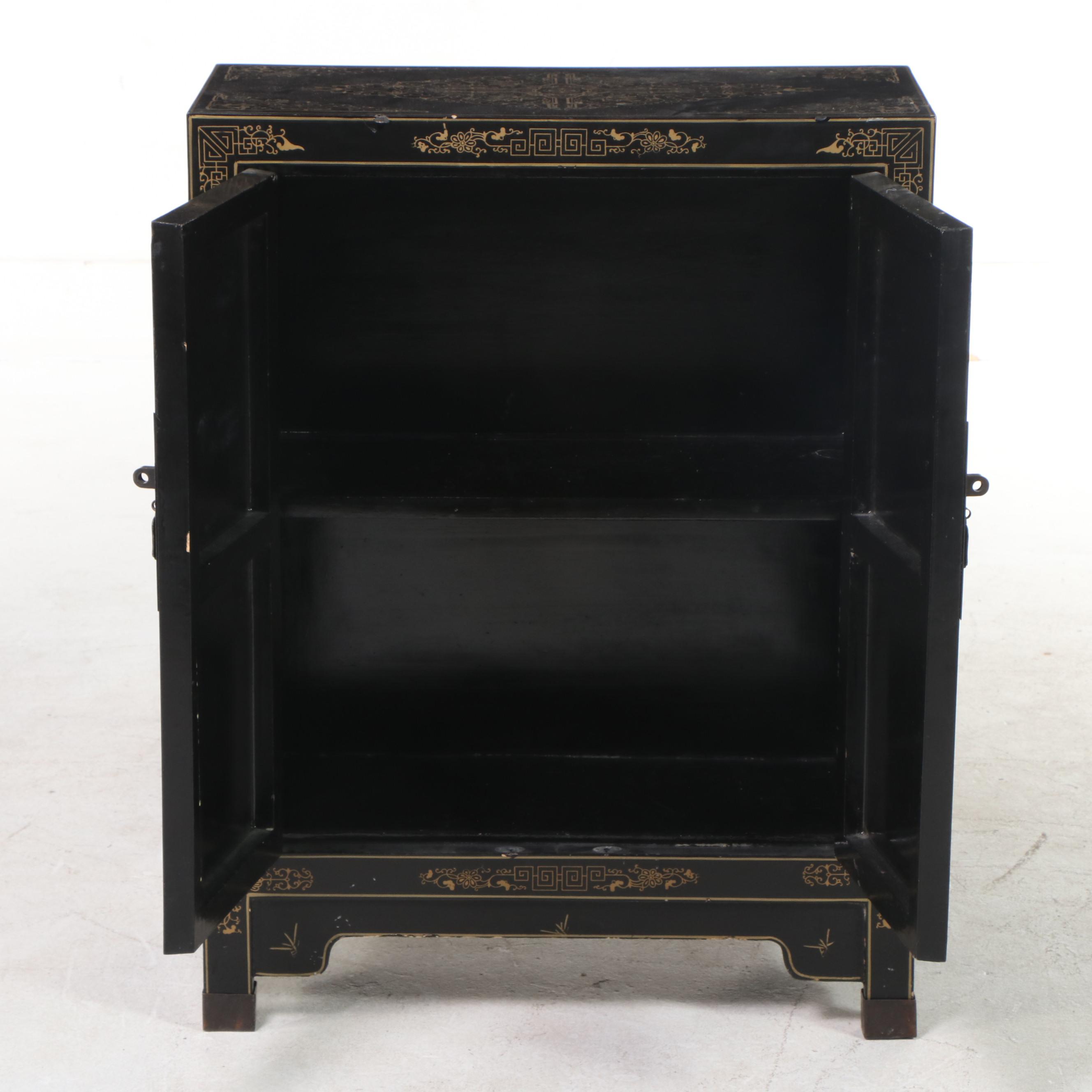 1/2 Jinlong Chinese Black-Lacquered, Parcel-Gilt, and Stone-Mounted Side Cabinet