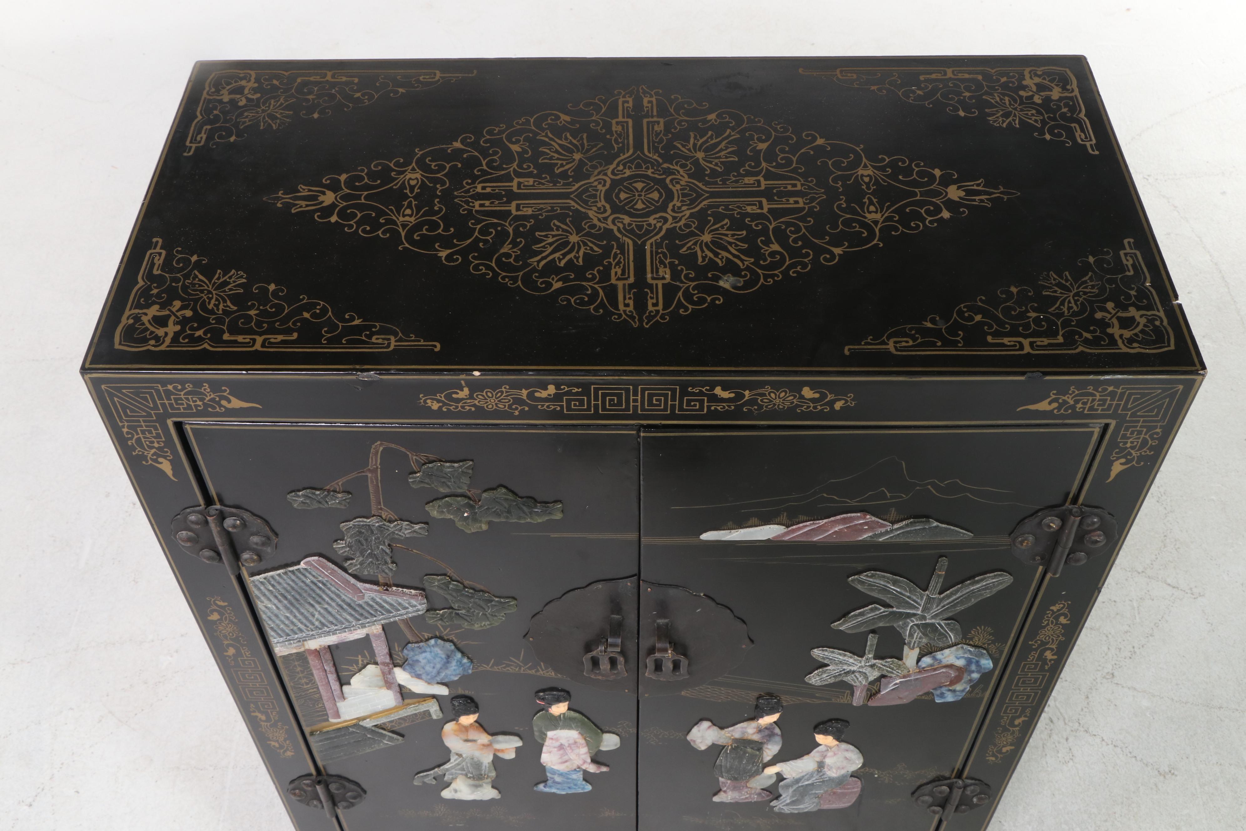 1/2 Jinlong Chinese Black-Lacquered, Parcel-Gilt, and Stone-Mounted Side Cabinet