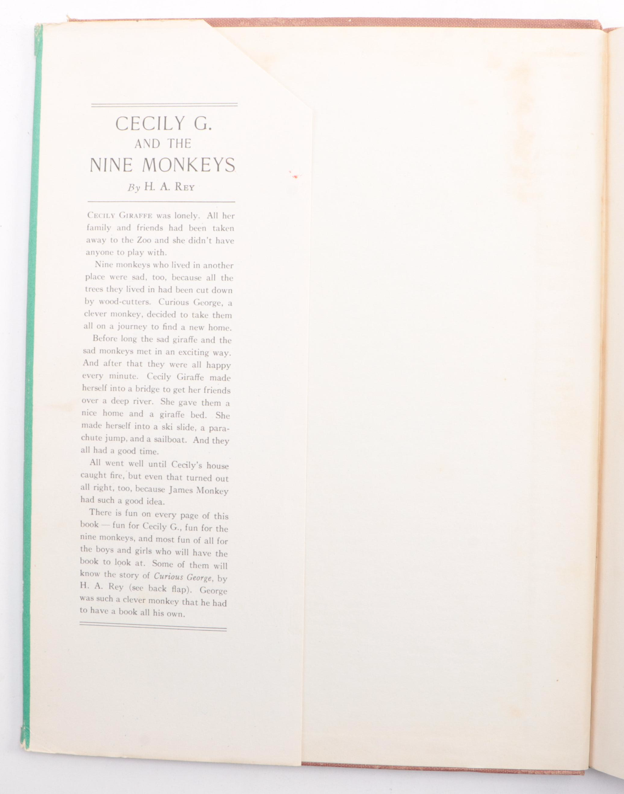 Early Edition "Cecily G. and the Nine Monkeys" by H. A. Rey, Mid-20th Century
