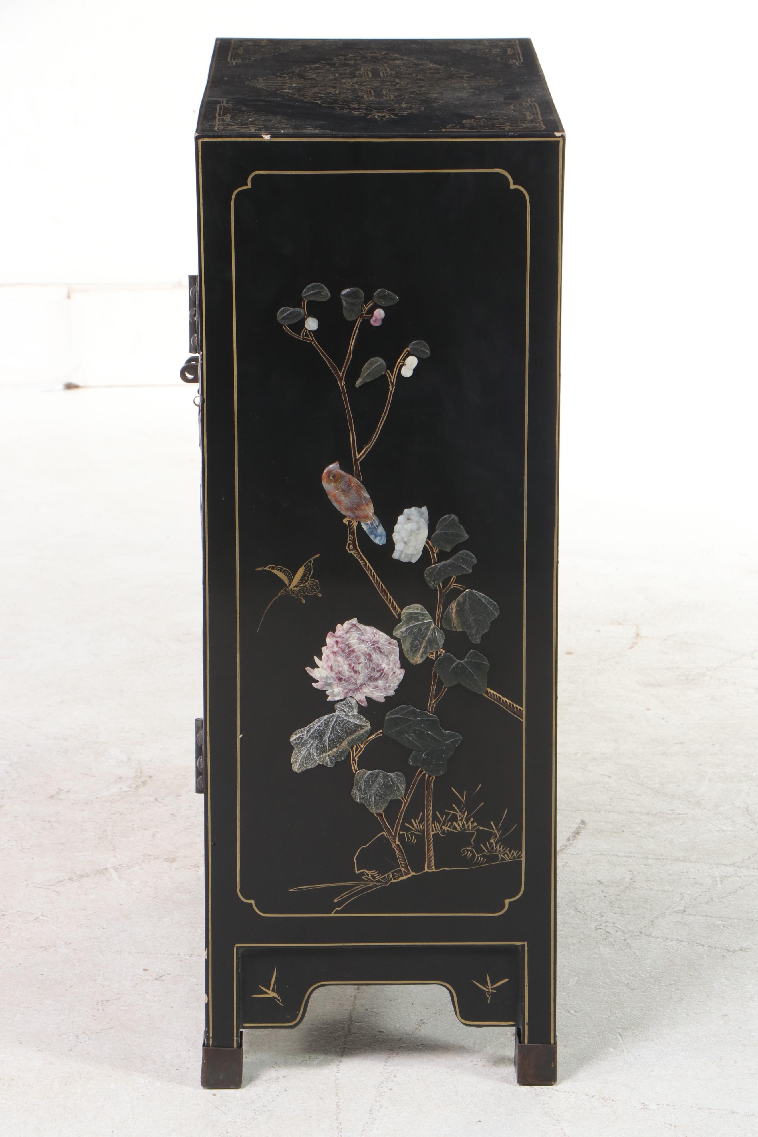 1/2 Jinlong Chinese Black-Lacquered, Parcel-Gilt, and Stone-Mounted Side Cabinet