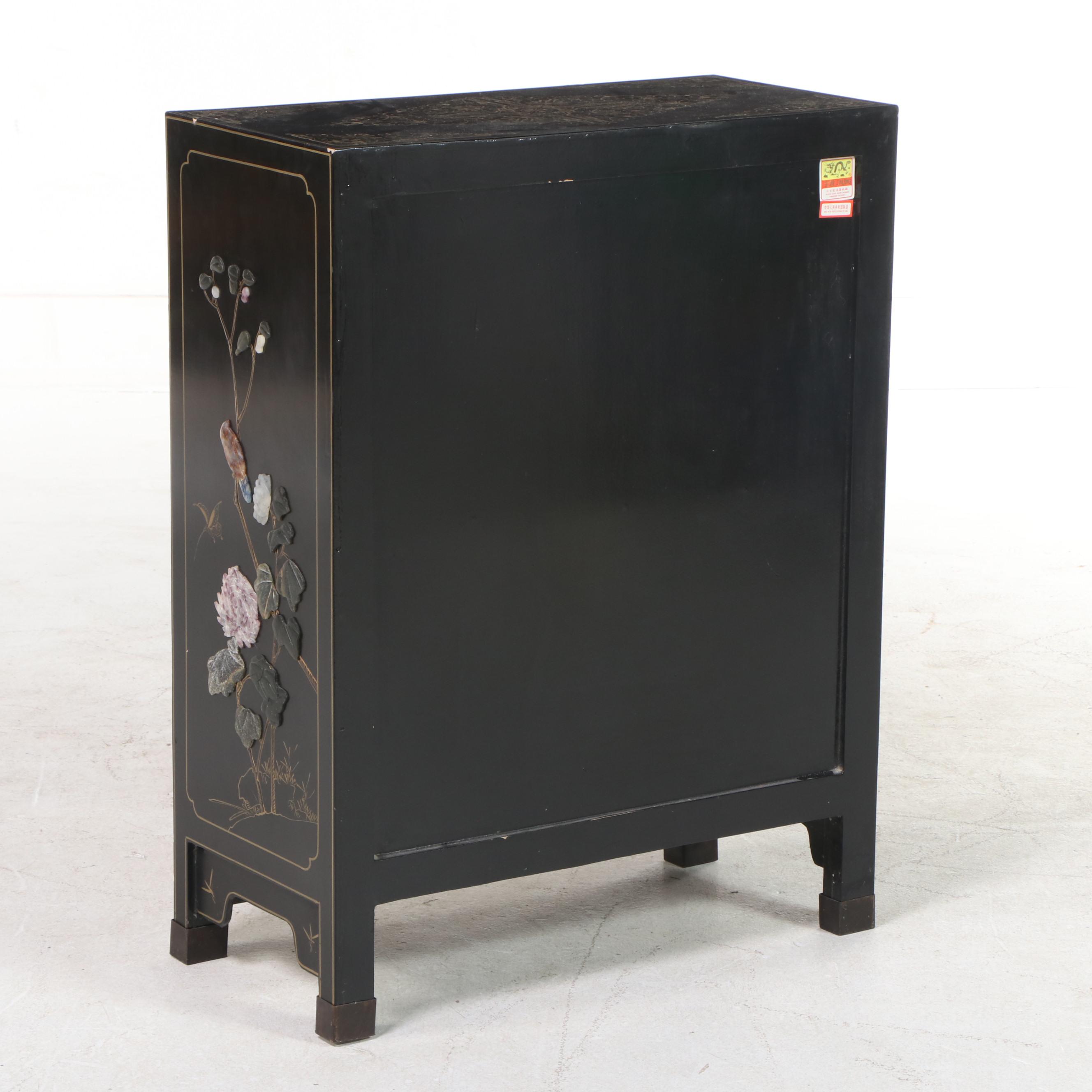 1/2 Jinlong Chinese Black-Lacquered, Parcel-Gilt, and Stone-Mounted Side Cabinet