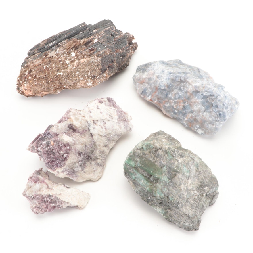 Large Rough Tourmaline, Beryl, Lepidolite and Blue Calcite Mineral Specimens