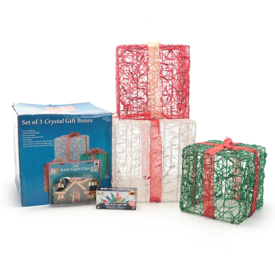 Set of Three Pre-Lit Christmas Gift Box Décor