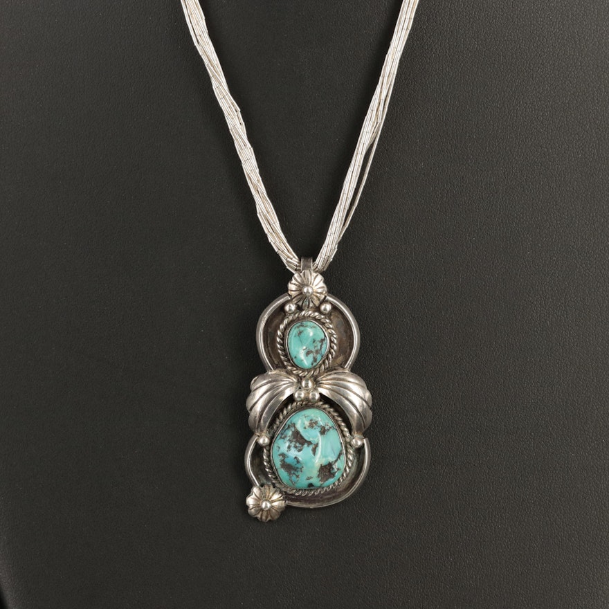 Sterling Turquoise Pendant on Liquid Silver Chain Necklace