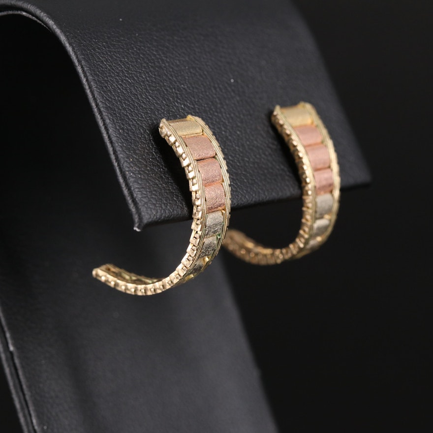 Italian Tricolor 10K Half Hoop Earrings with Rose Gold Accents