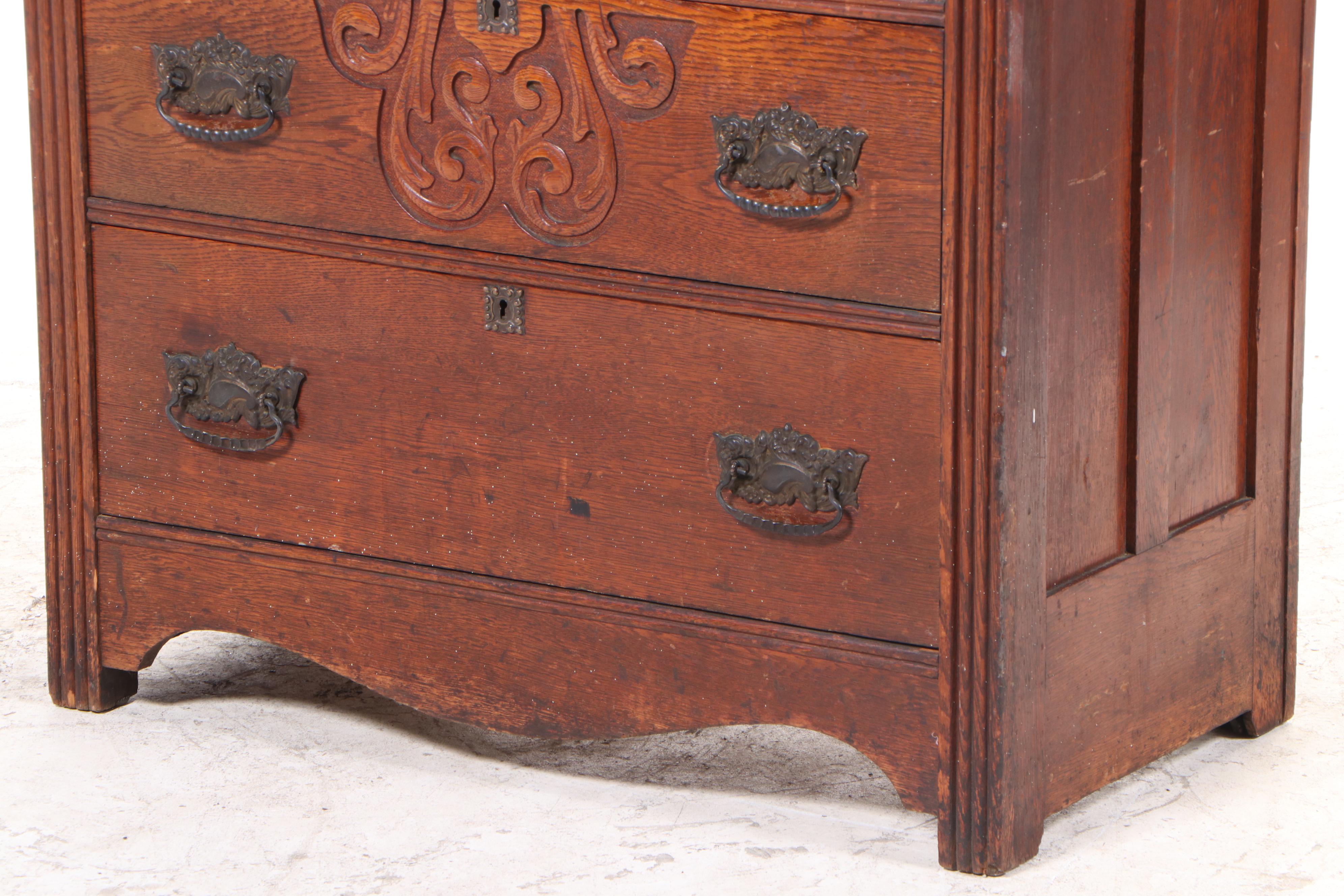 Victorian Carved Oak Chest with Bonnet Cabinet, Late 19th Century