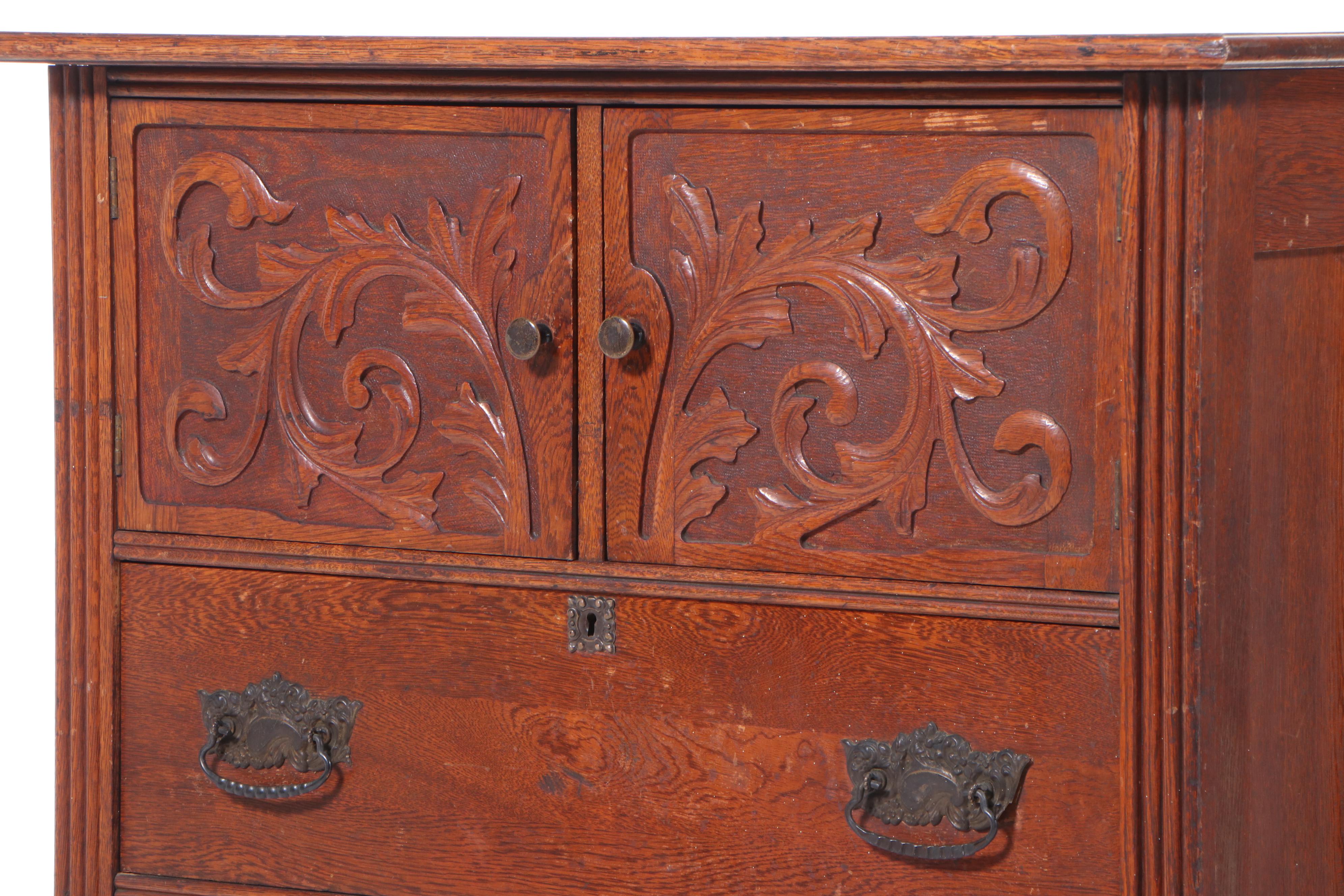 Victorian Carved Oak Chest with Bonnet Cabinet, Late 19th Century