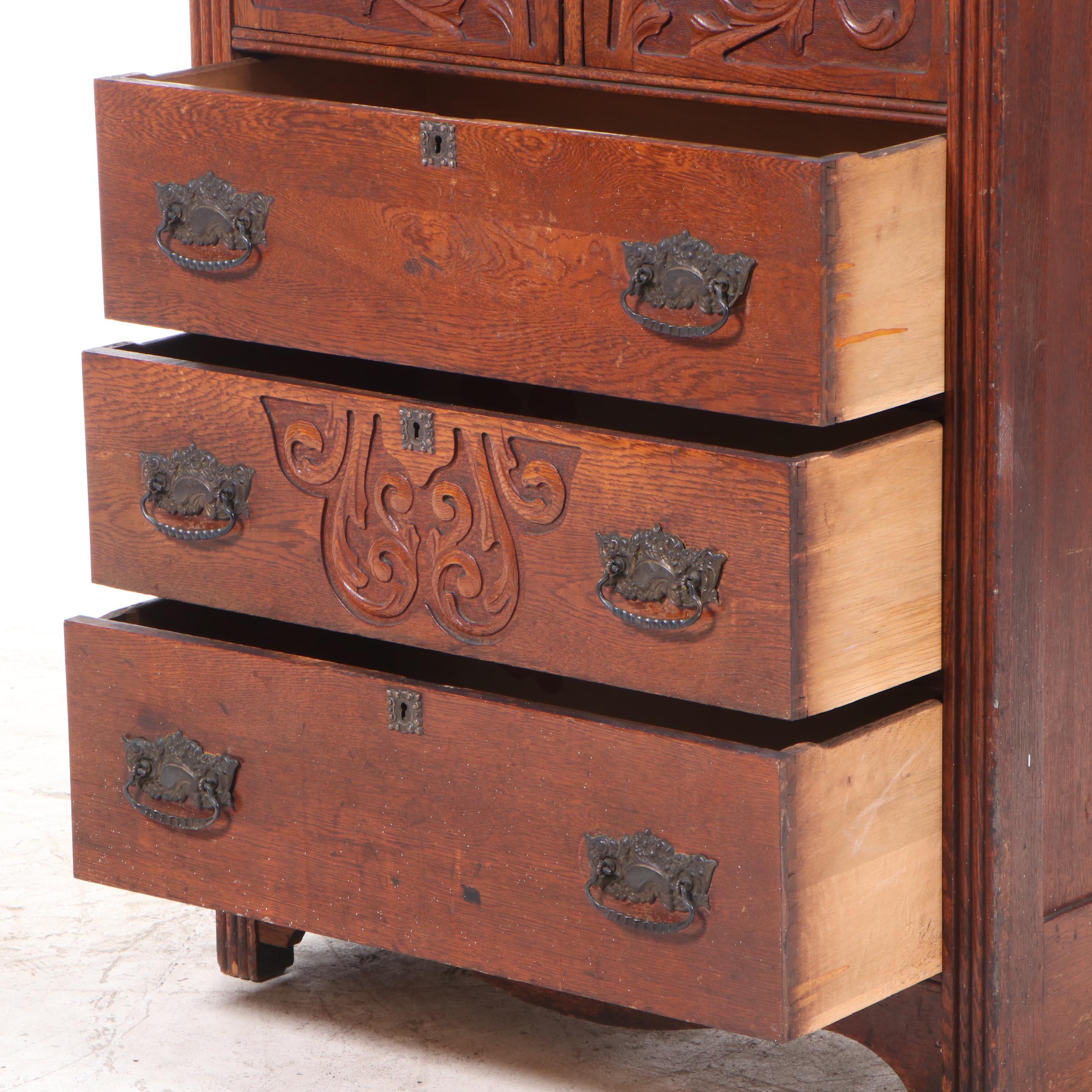 Victorian Carved Oak Chest with Bonnet Cabinet, Late 19th Century