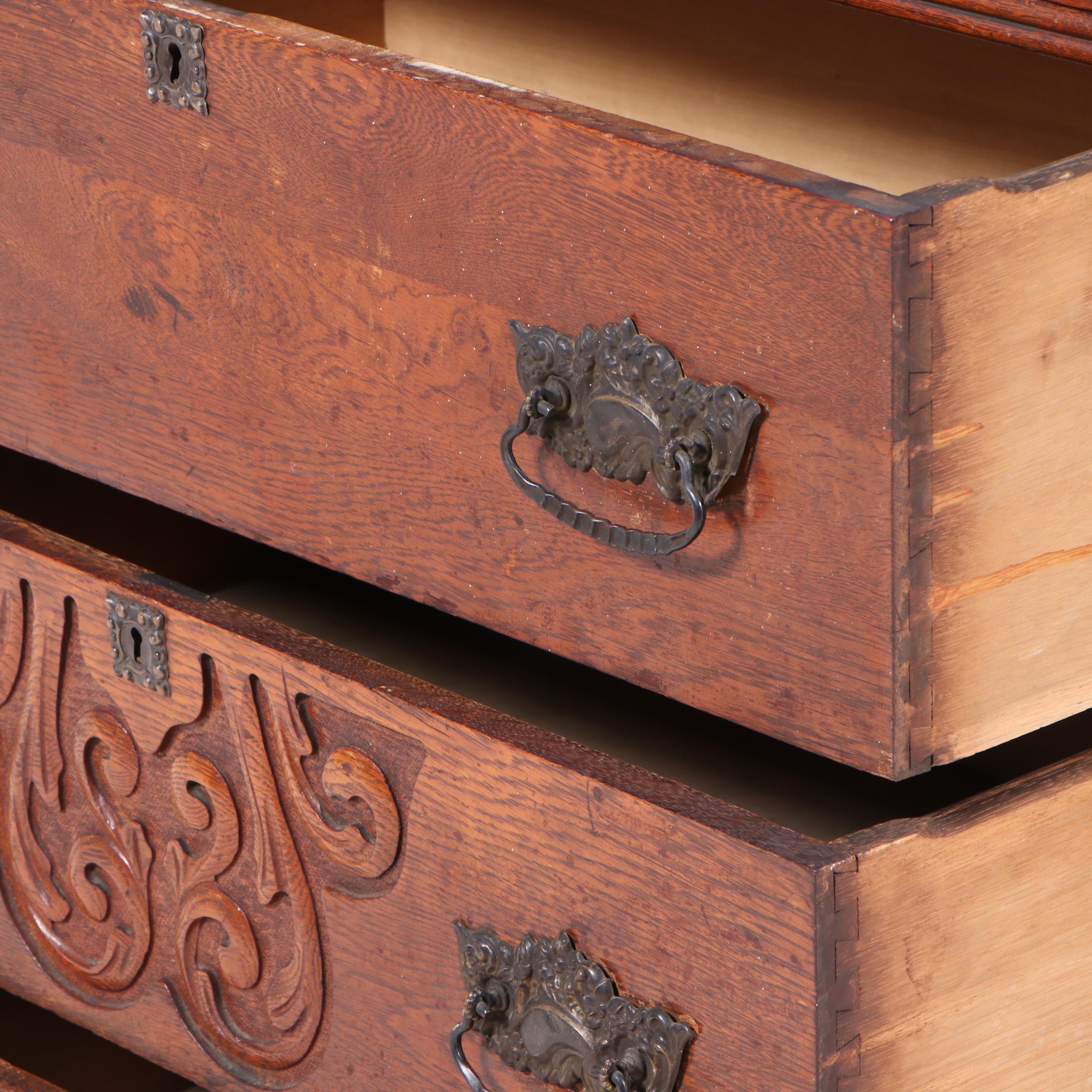 Victorian Carved Oak Chest with Bonnet Cabinet, Late 19th Century
