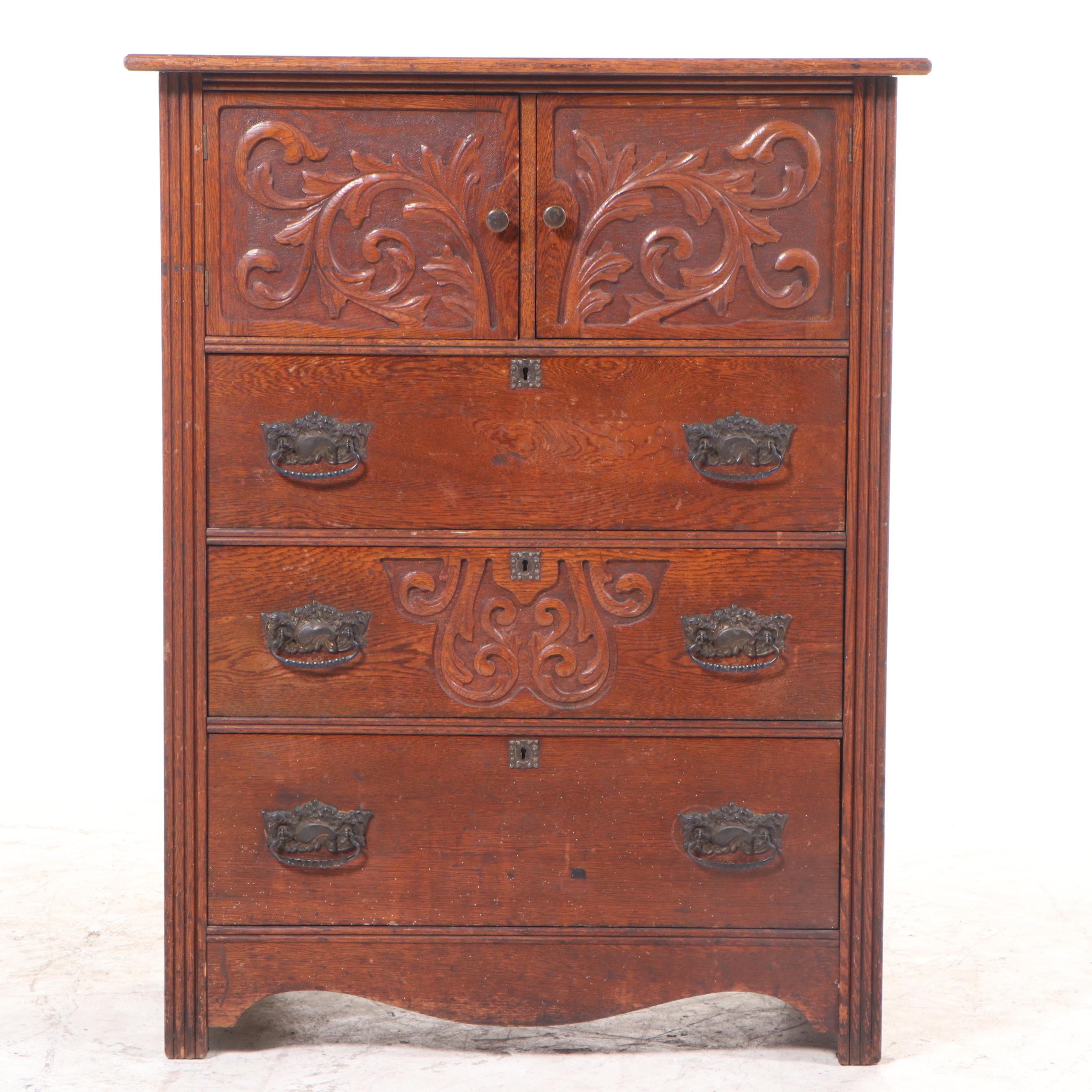 Victorian Carved Oak Chest with Bonnet Cabinet, Late 19th Century