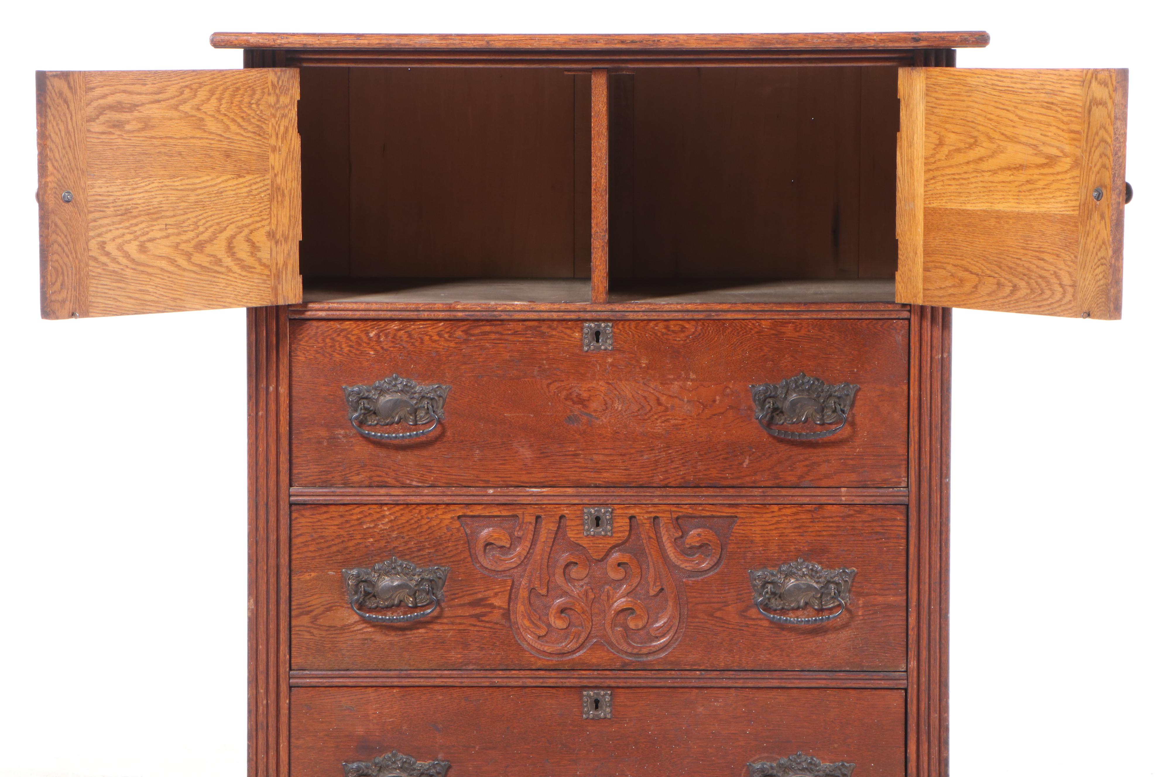 Victorian Carved Oak Chest with Bonnet Cabinet, Late 19th Century