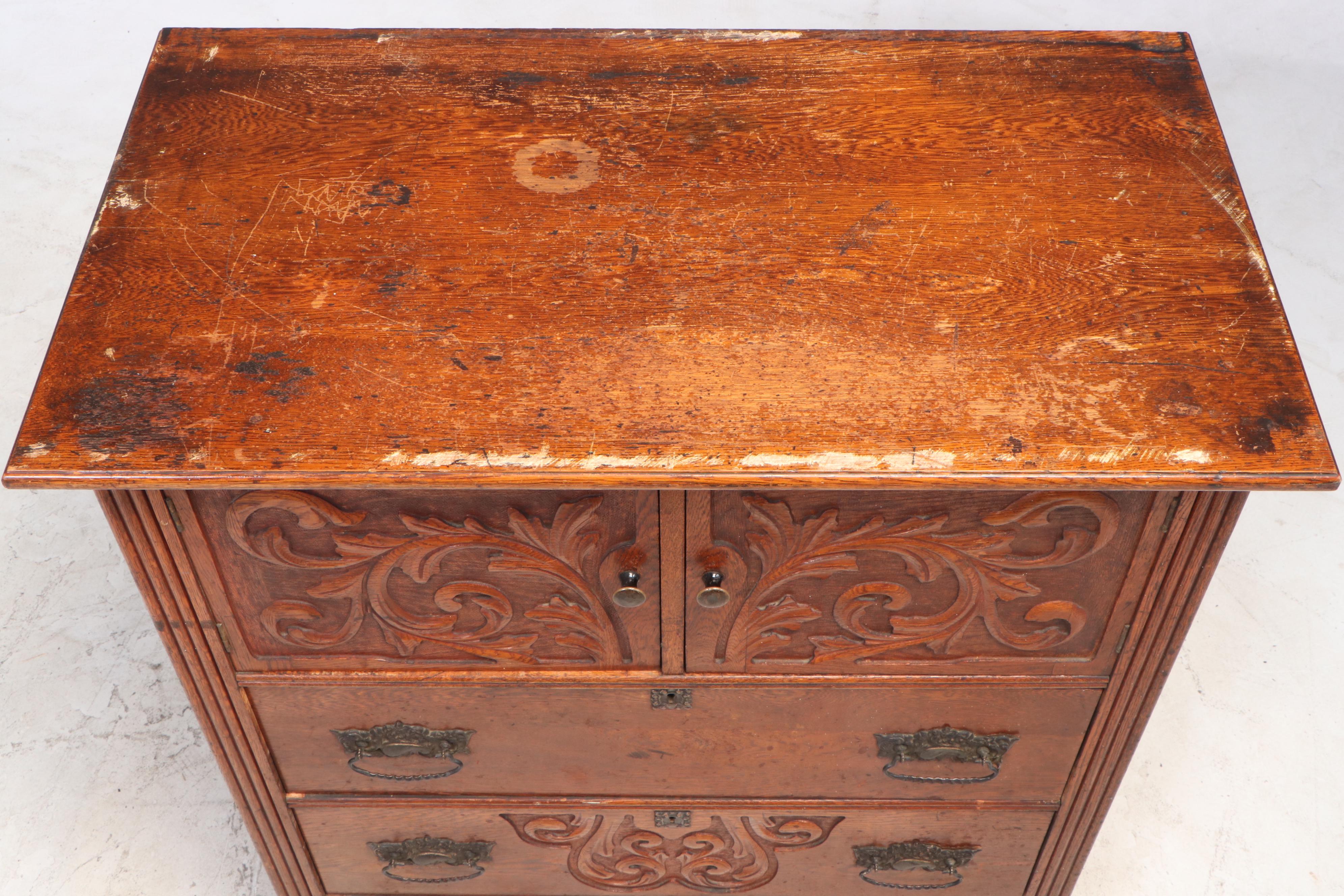 Victorian Carved Oak Chest with Bonnet Cabinet, Late 19th Century