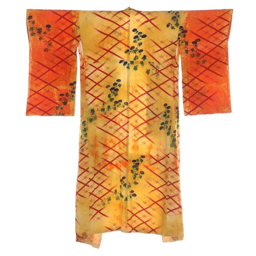 Floral Hanabishi Patterned Silk Kimono, Circa Taisho Era