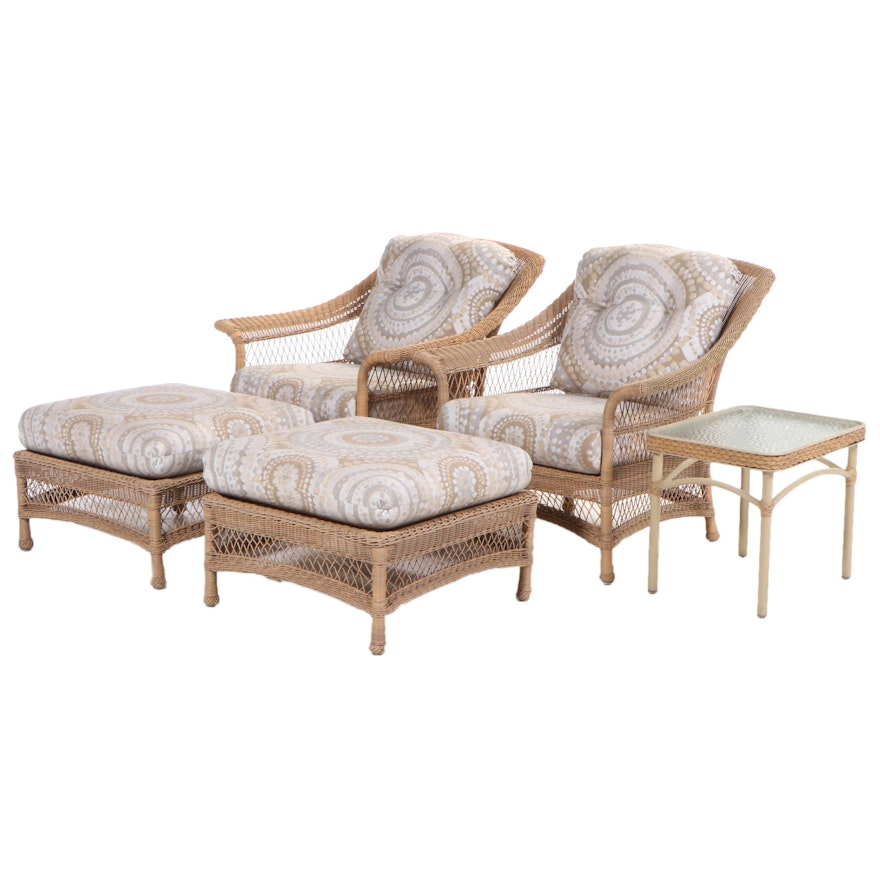 Pair of Brown Jordan Resin Wicker Patio Armchairs with Ottomans and Side Table