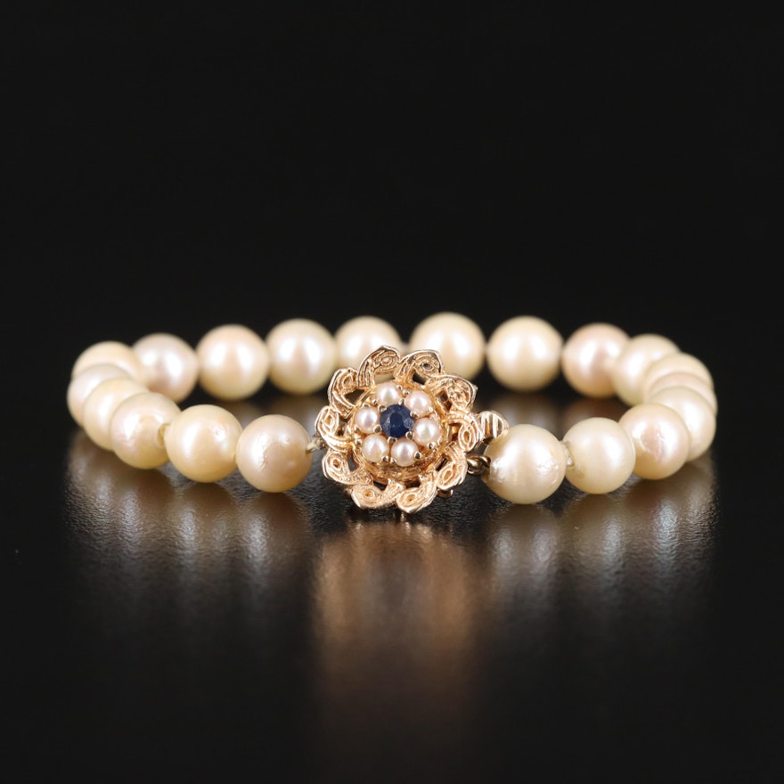 Vintage 14K Sapphire Clasp on Pearl Bracelet