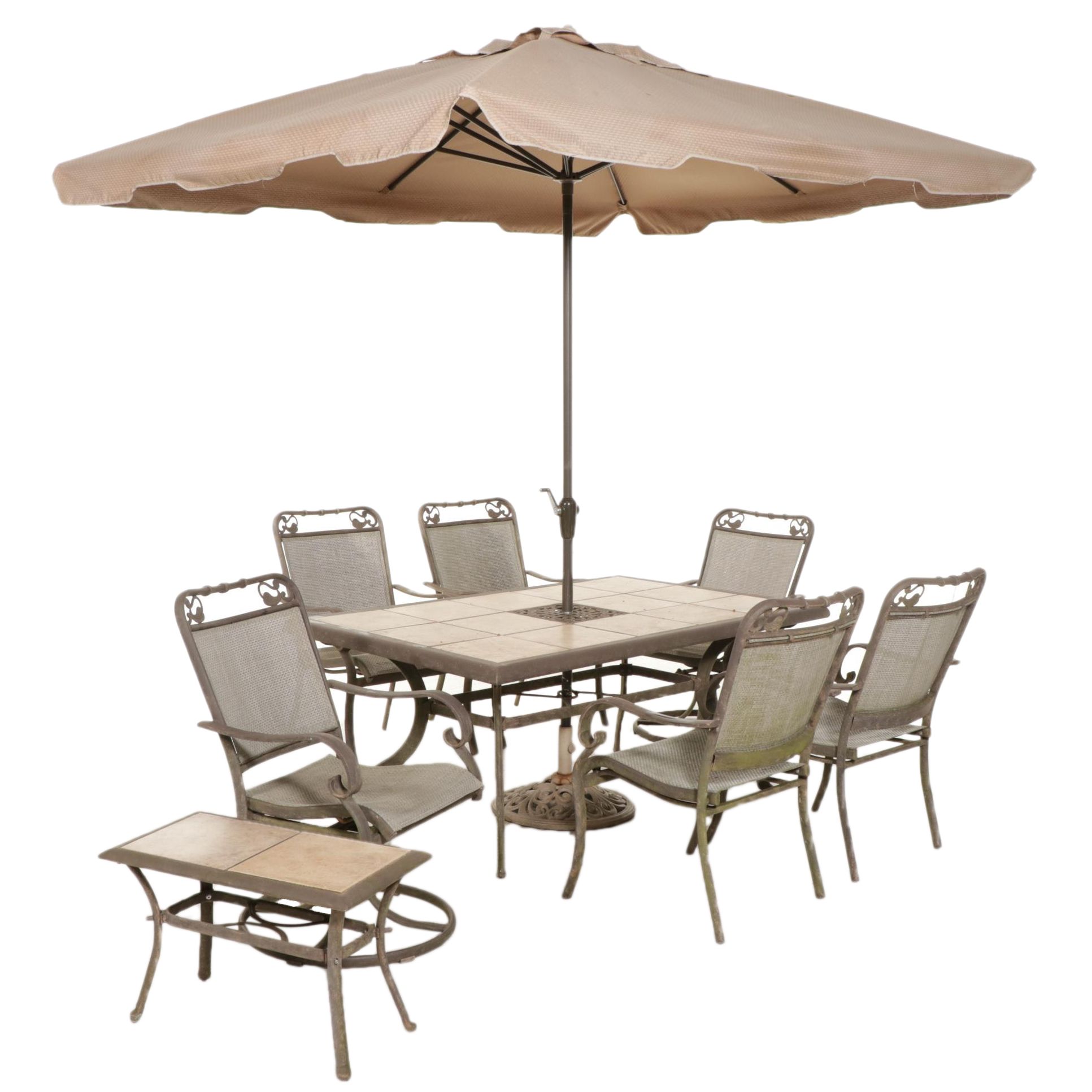 Seven-Piece Iron and Ceramic Tile Top Patio Dining Set with Umbrella Stand