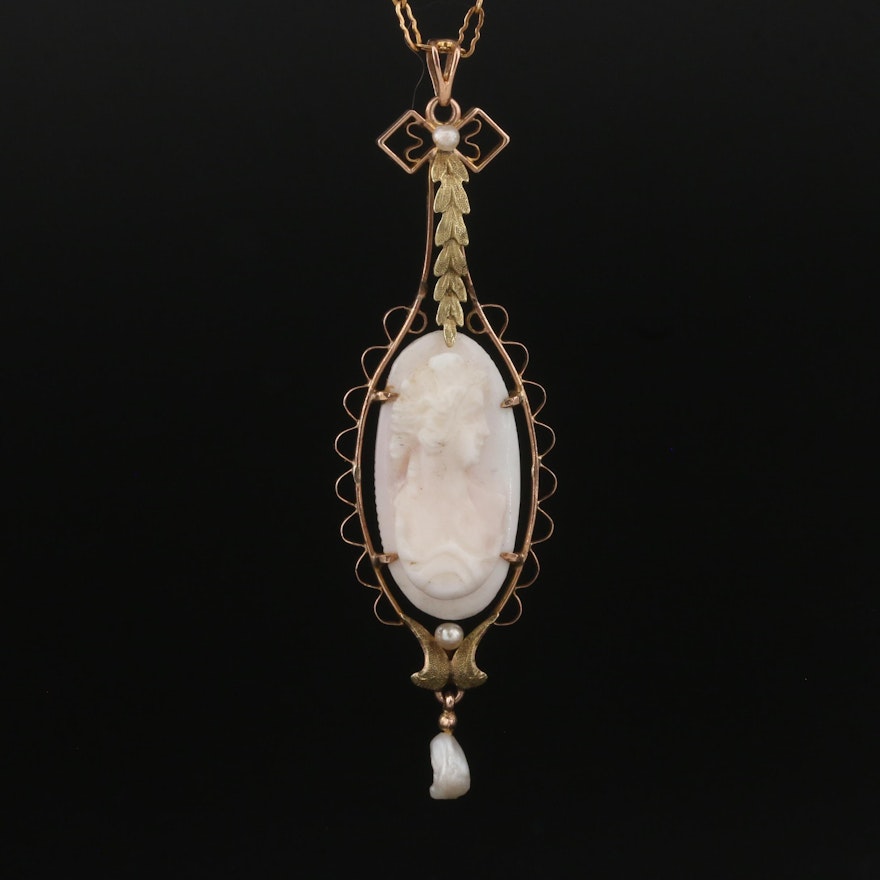 Antique 10K Shell, Dog Tooth Pearl and Seed Pearl Cameo Laviler Necklace