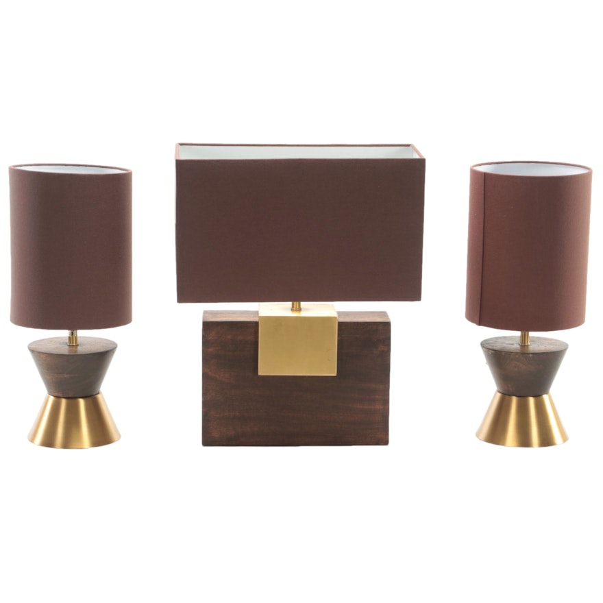 Mid Century Modern Style Wood and Brass Tone Metal Table Lamps