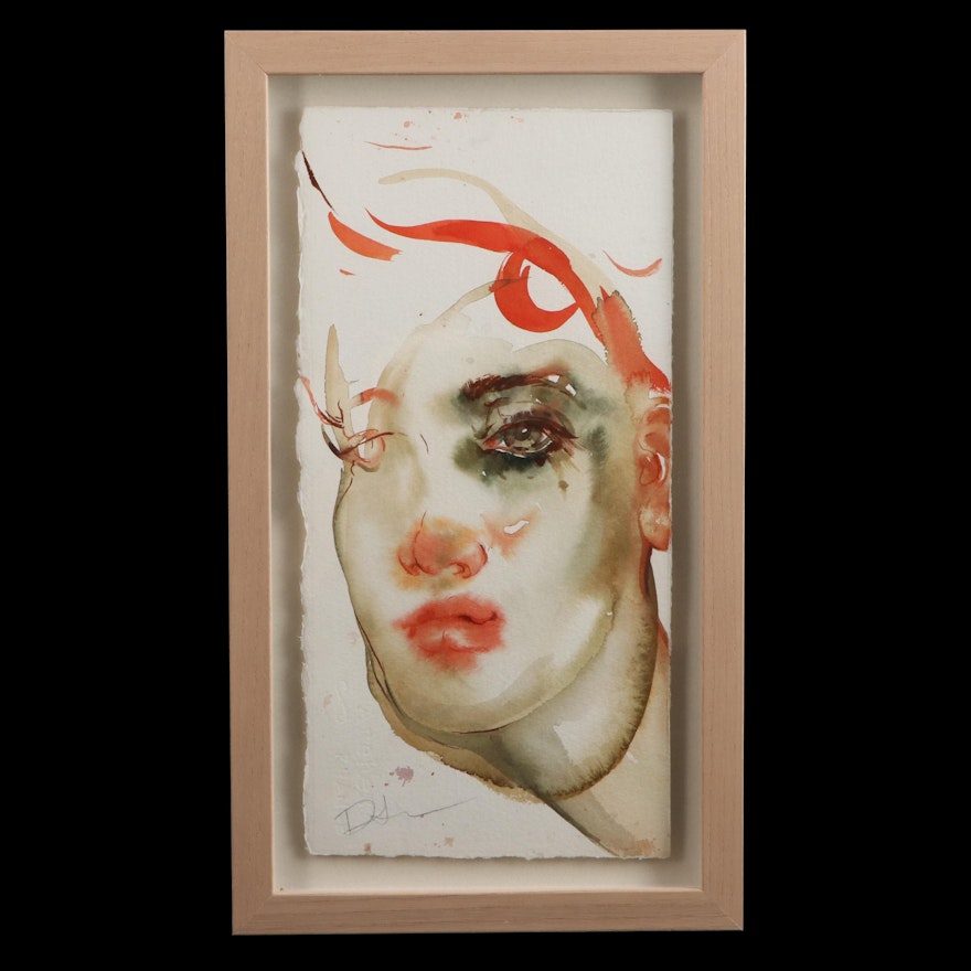Daniel Sabau Watercolor Painting "Actress in Red," 2018